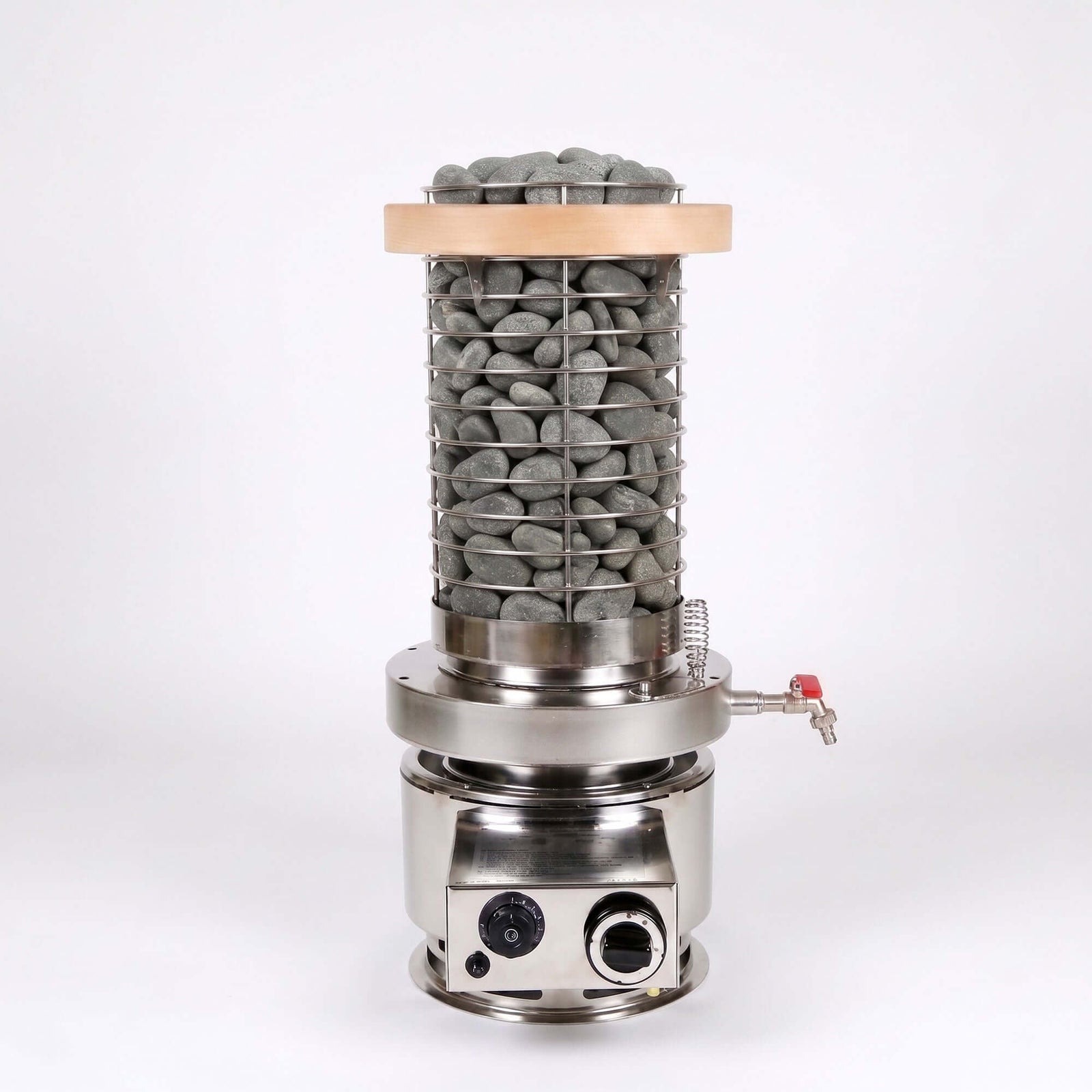 SaunaLife TITAN SL1 Portable Propane Sauna Heater with rocks on top in a sleek stainless steel design.