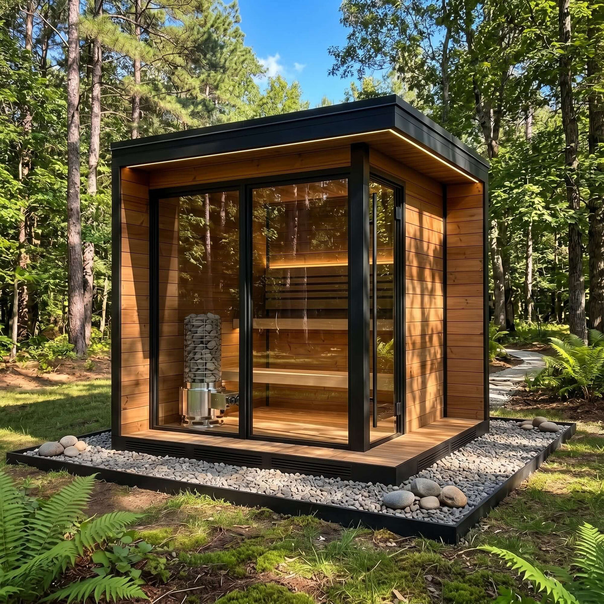 SaunaLife TITAN SL1 Portable Propane Sauna Heater in a modern, natural outdoor setting with glass walls and wooden structure.
