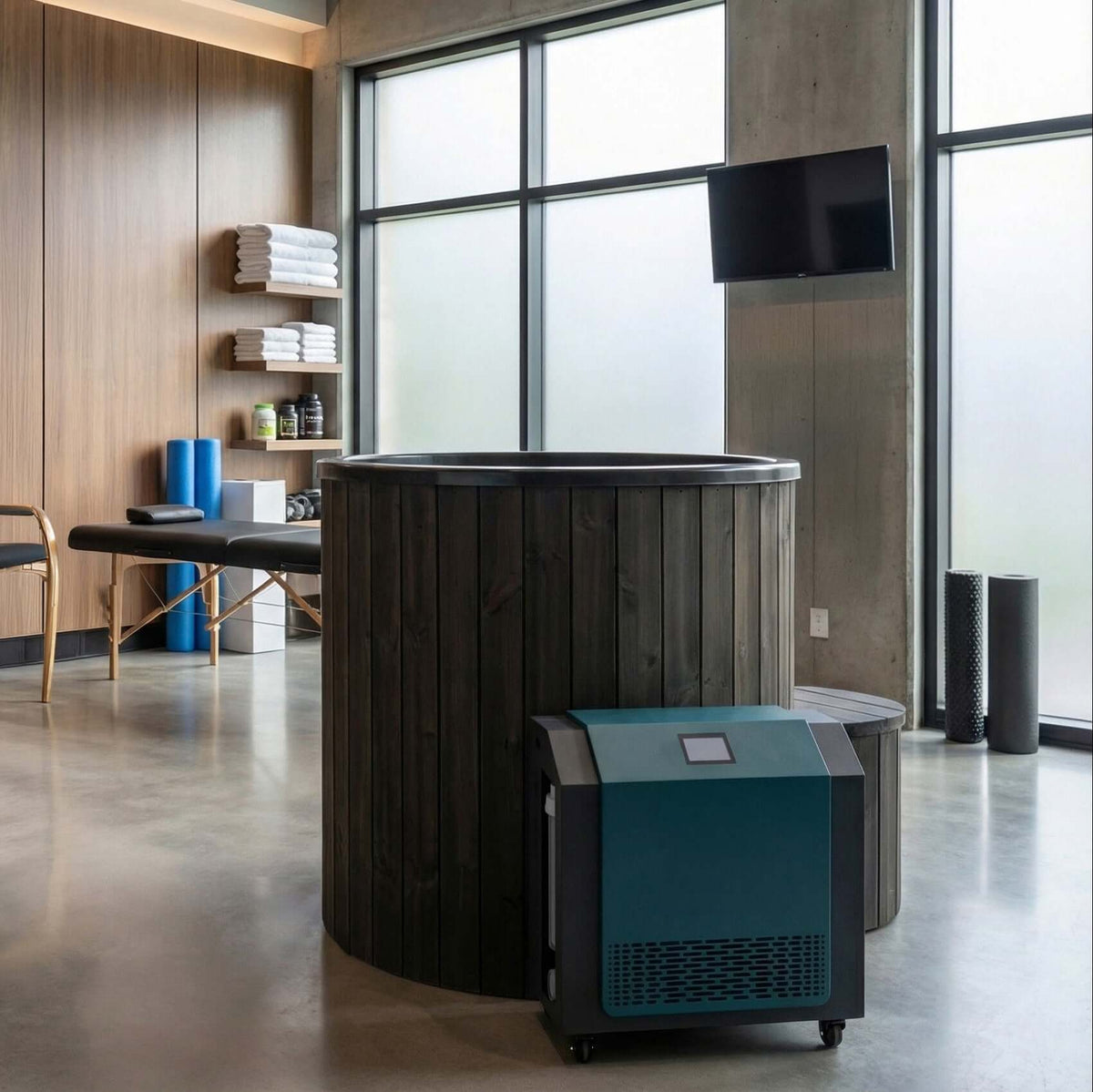 Modern wellness space with a large cylindrical S1B hot and cold tub by SaunaLife, and a small FDC-1A chiller on a polished floor.