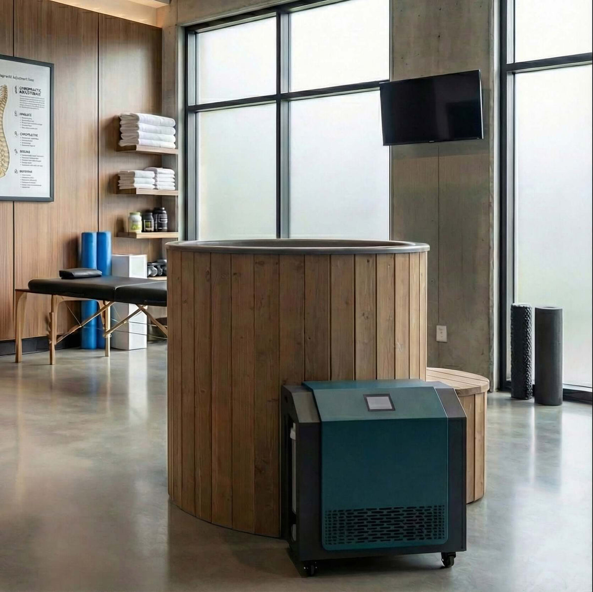 Modern office interior with the wooden SaunaLife S1N hot and cold plunge tub and a green water heater and chiller beside it.