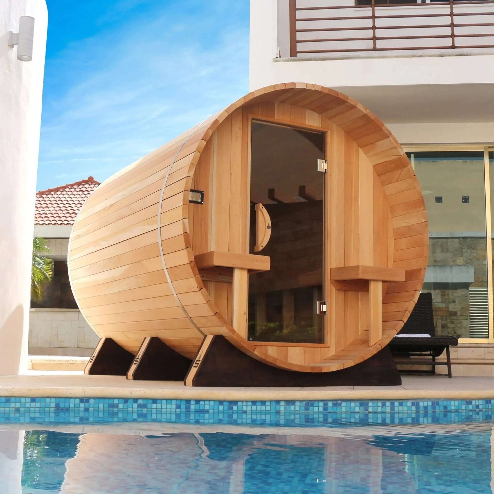 Scandia 2-8 Person Electric Barrel Sauna w/ Canopy, Electric Heater Included