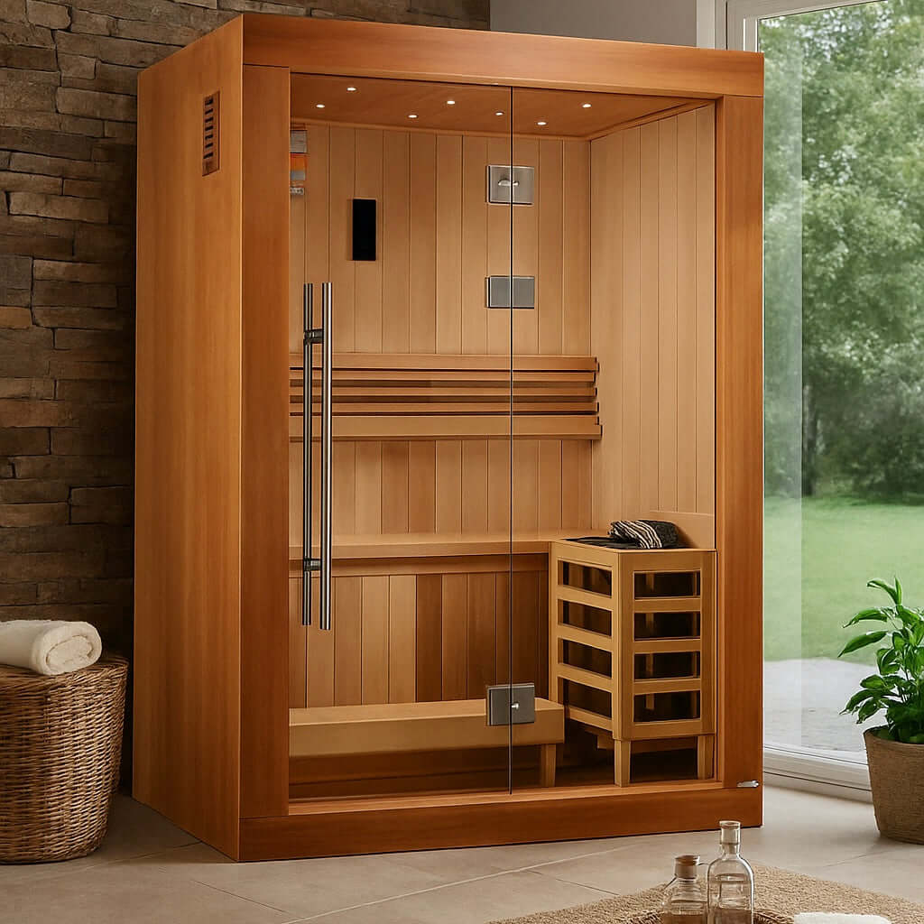 Golden Designs Sundsvall 2-Person Indoor Sauna & Harvia Traditional Electric Heater Kit | GDI-7289-02