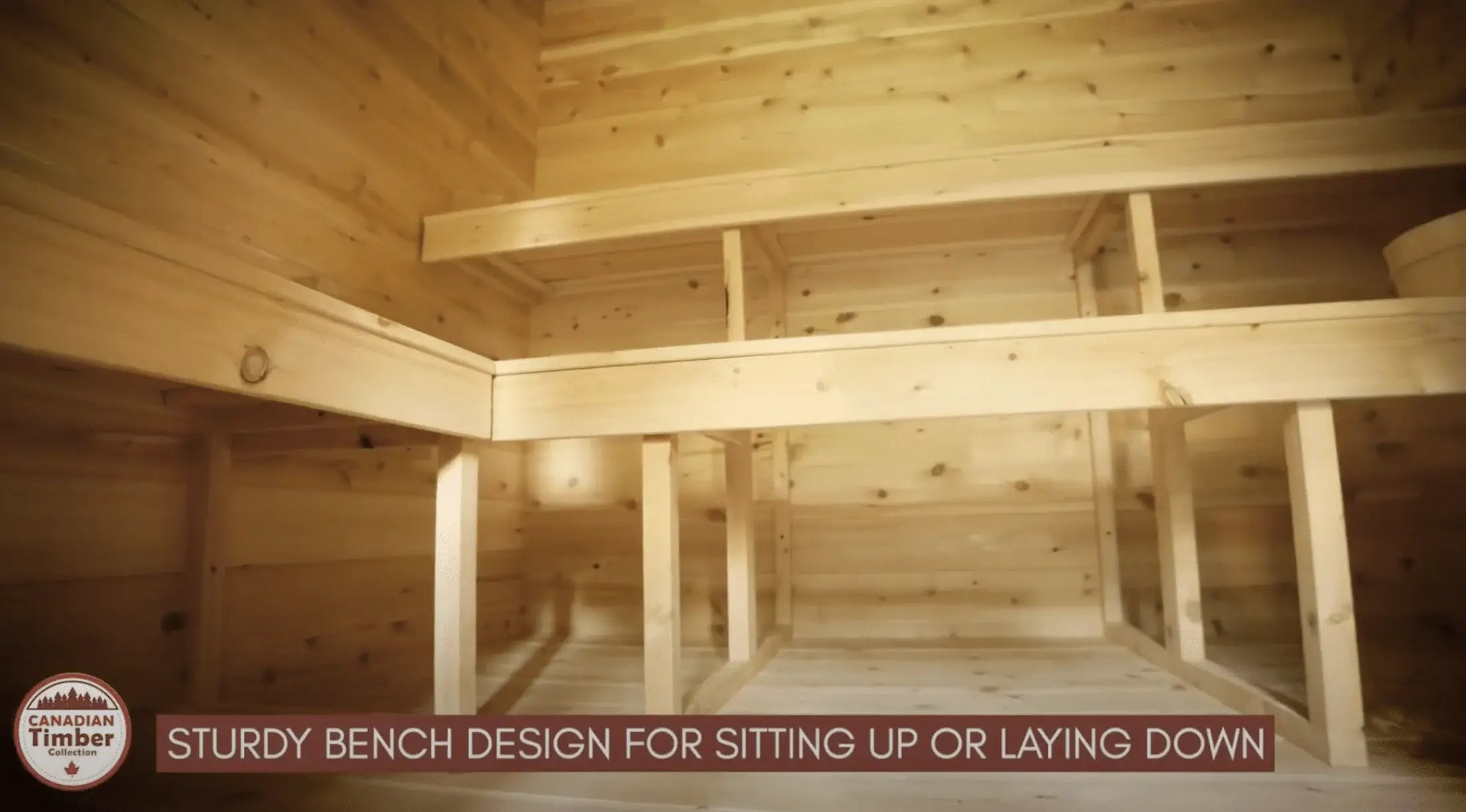 Interior view of Dundalk Leisurecraft Georgian Cabin Sauna with Changeroom showcasing sturdy bench design made from eco-friendly white cedar wood. CTC88CW