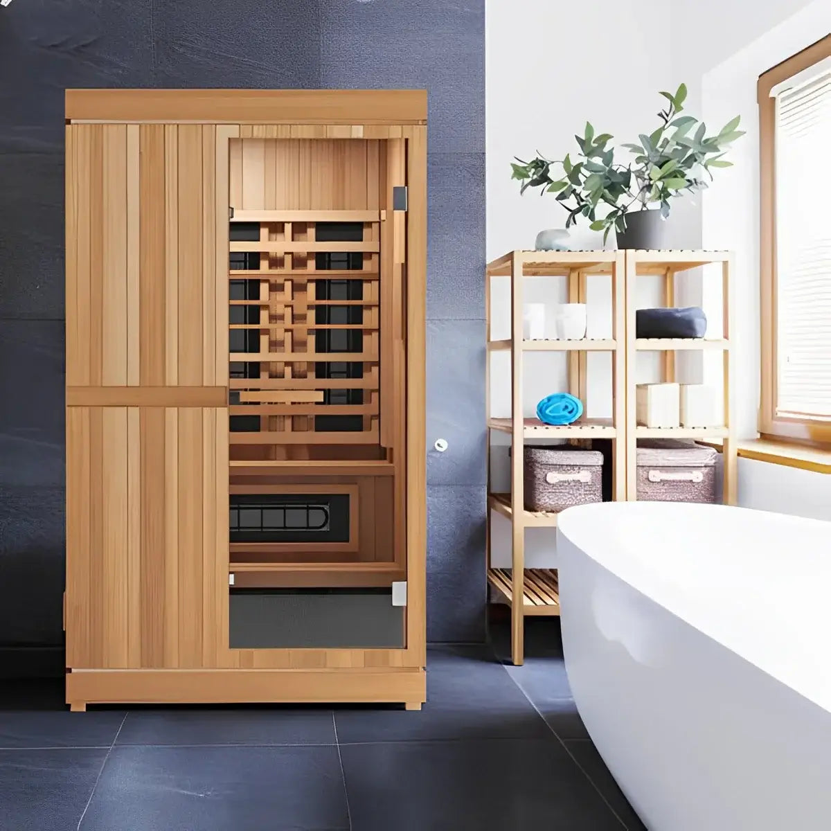 Finnmark Designs FD-4 wooden sauna in a bathroom with a bathtub and shelves.