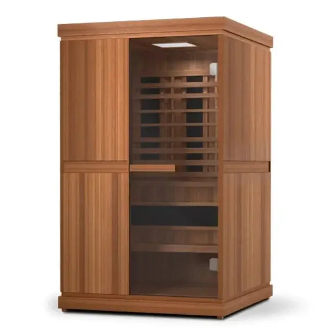 Finnmark Designs FD-4 wooden sauna with a glass door on a white background