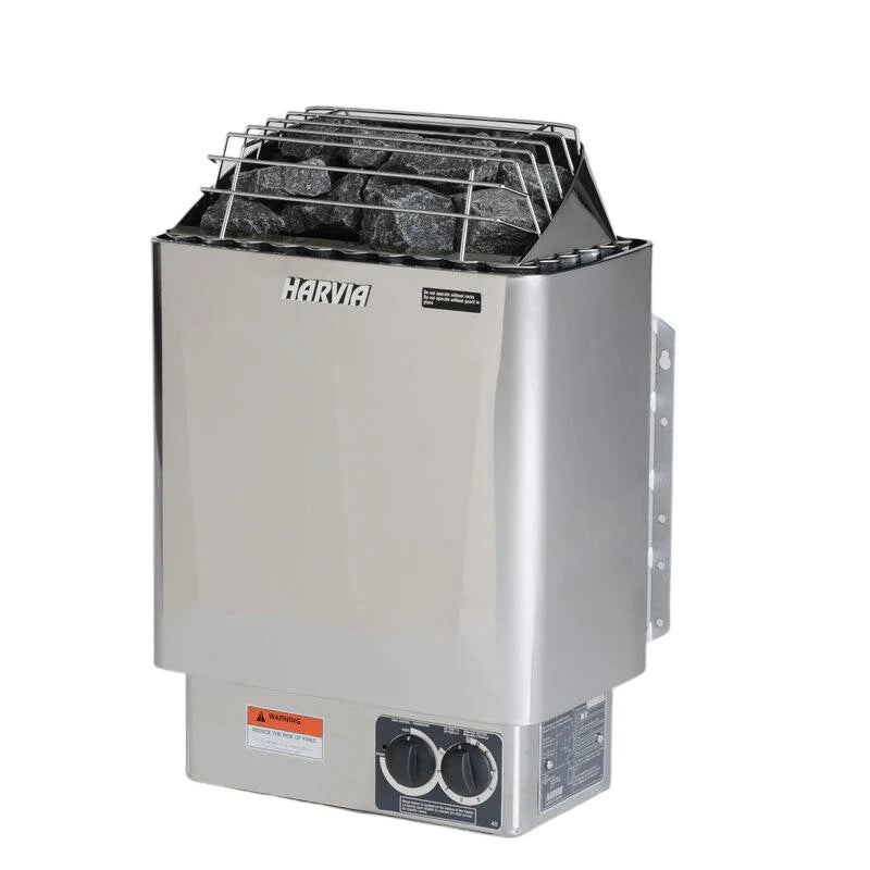 Harvia KIP with built in controls sauna heater with metal basket on a white background