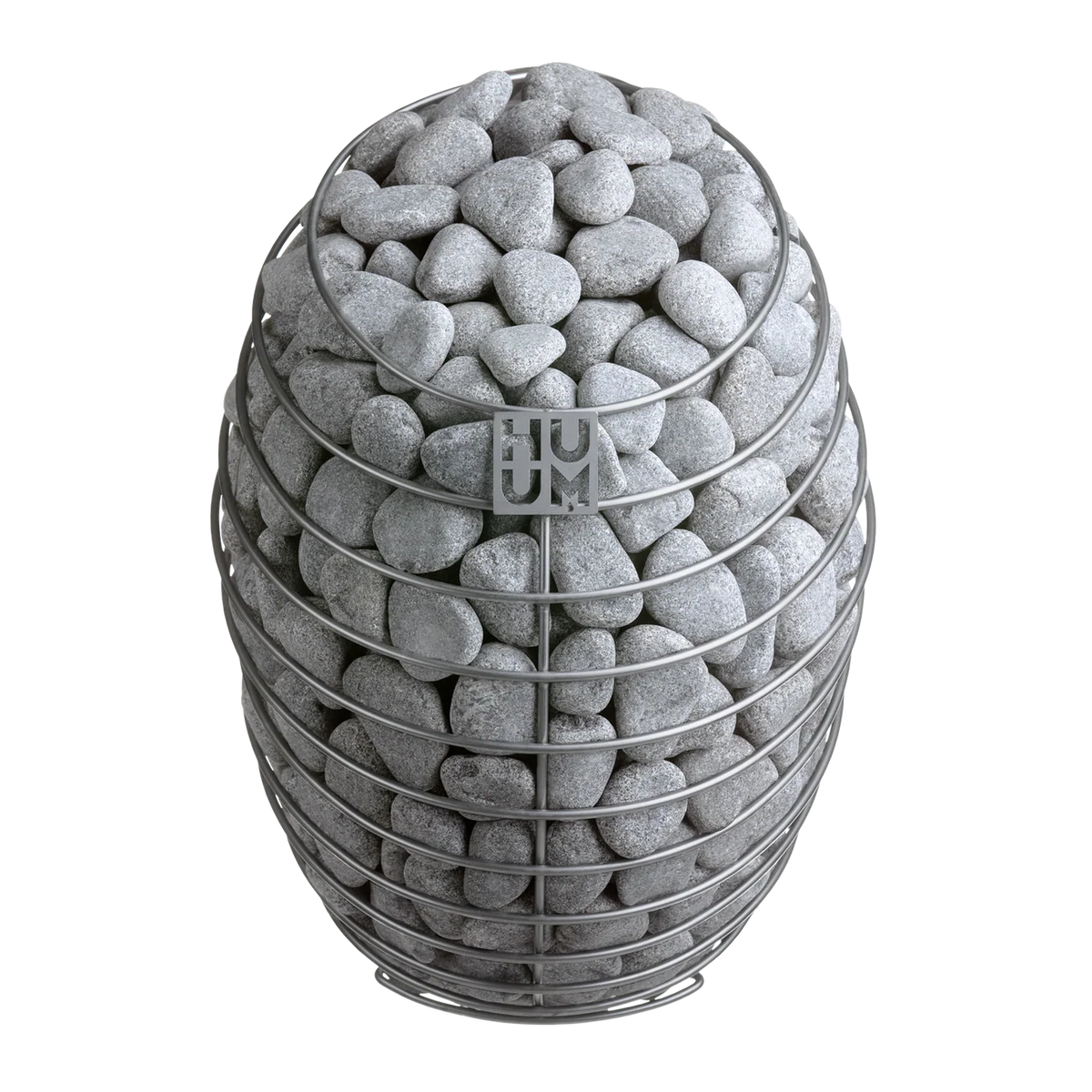 Huum Drop Sauna Heater filled with gray stones on a white background.