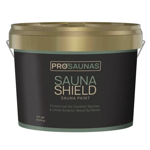A 7.75 gallon bucket of ProSaunas Sauna Shield Sauna Paint, featuring a black label with gold and white lettering, and a metallic gold lid. Used for SaunaLife CL4GB sauna.