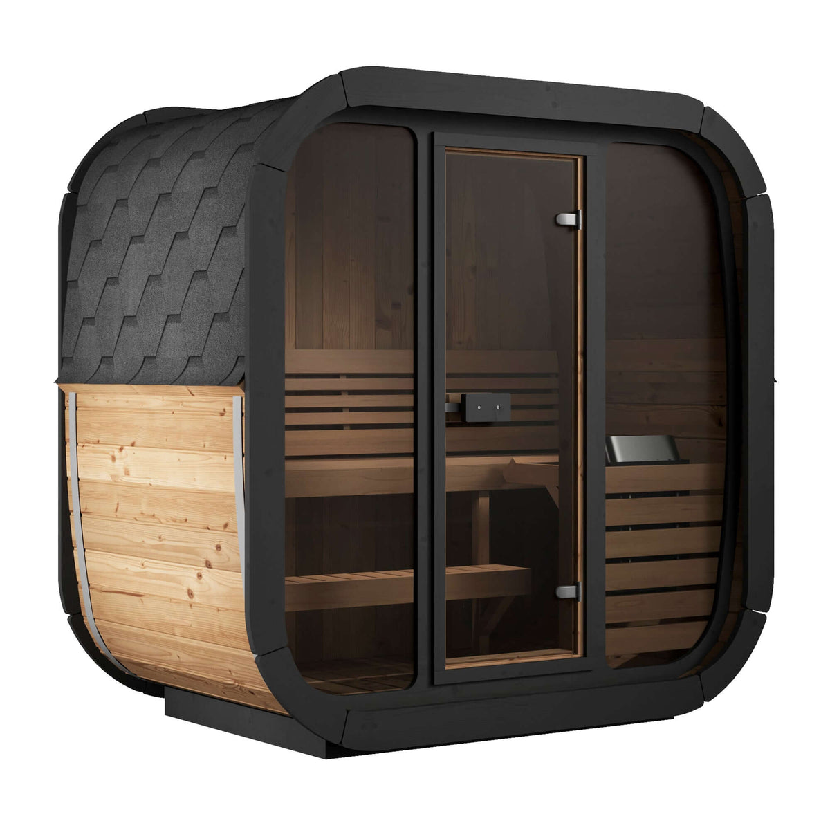 SaunaLife CL4G 3-Person Cube-Series Outdoor Sauna Kit with sleek design and contoured seating surfaces for ultimate comfort