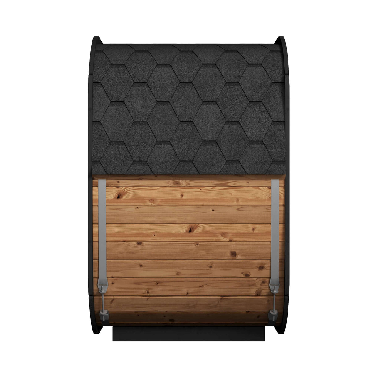 SaunaLife CL4G 3-Person Outdoor Sauna Kit with black hexagon roof and wooden exterior.