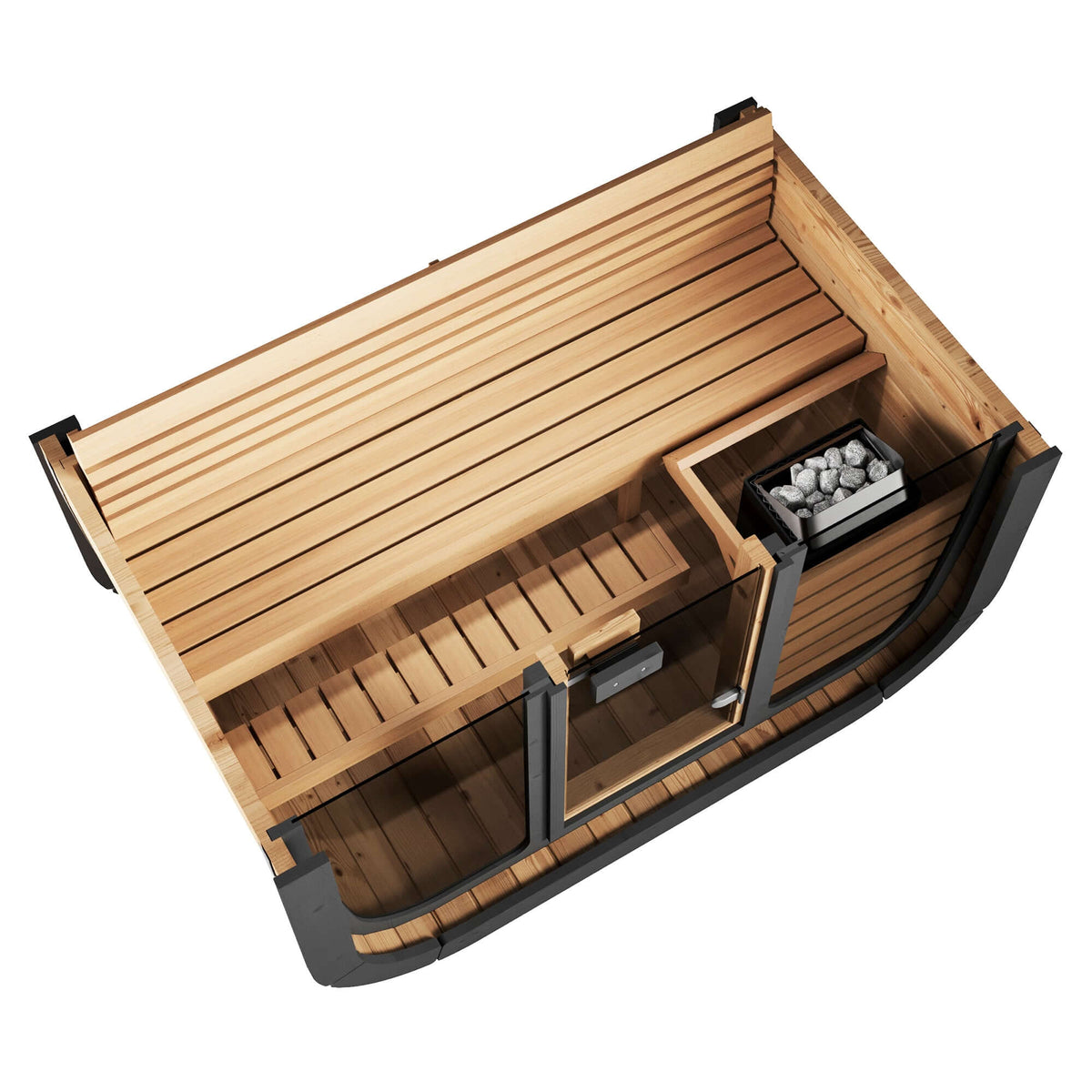 SaunaLife CL4G 3-Person Outdoor Sauna Kit with contoured seating and thermo-aspen surfaces for exceptional comfort.