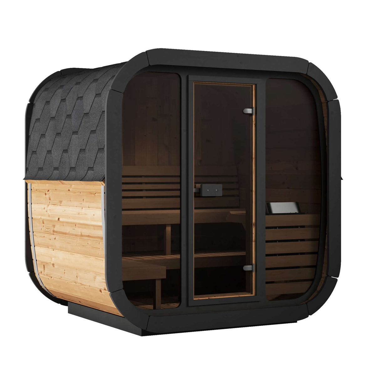 Luxurious SaunaLife CL5G 4-Person Outdoor Cube Sauna Kit with thermo-aspen seating for ultimate relaxation.