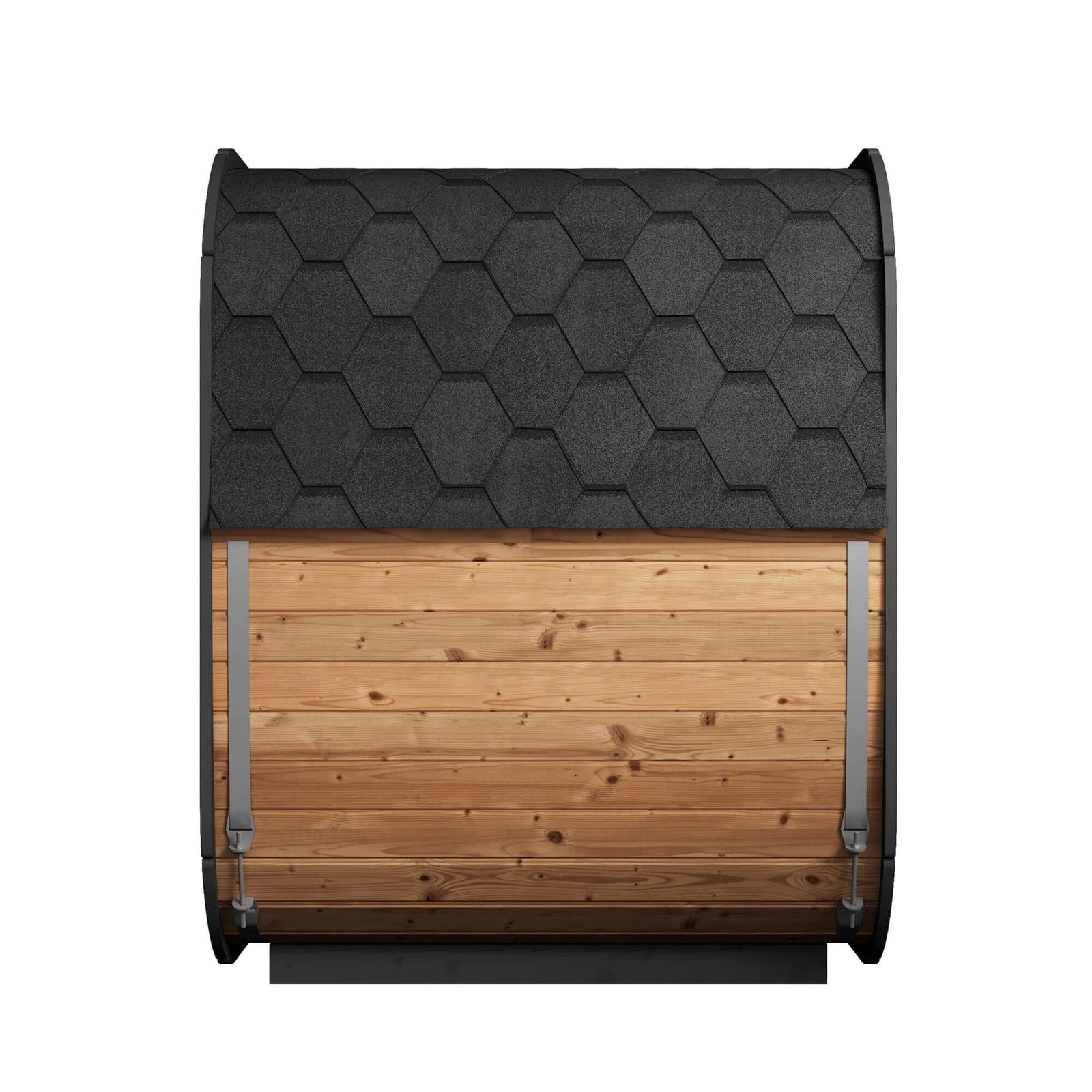 Modern SaunaLife CL5G 4-Person Cube-Series Outdoor Sauna with sleek wood paneling and black hexagonal roof design.