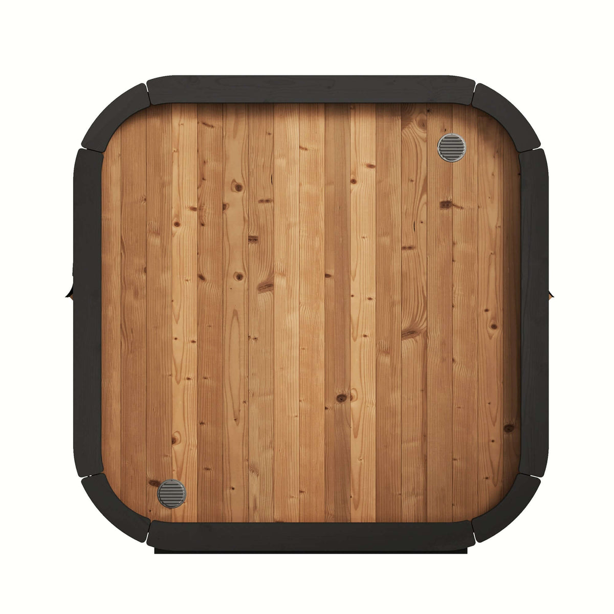 SaunaLife CL5G 4-Person Cube Outdoor Sauna Kit top view with wooden panels and black corners.