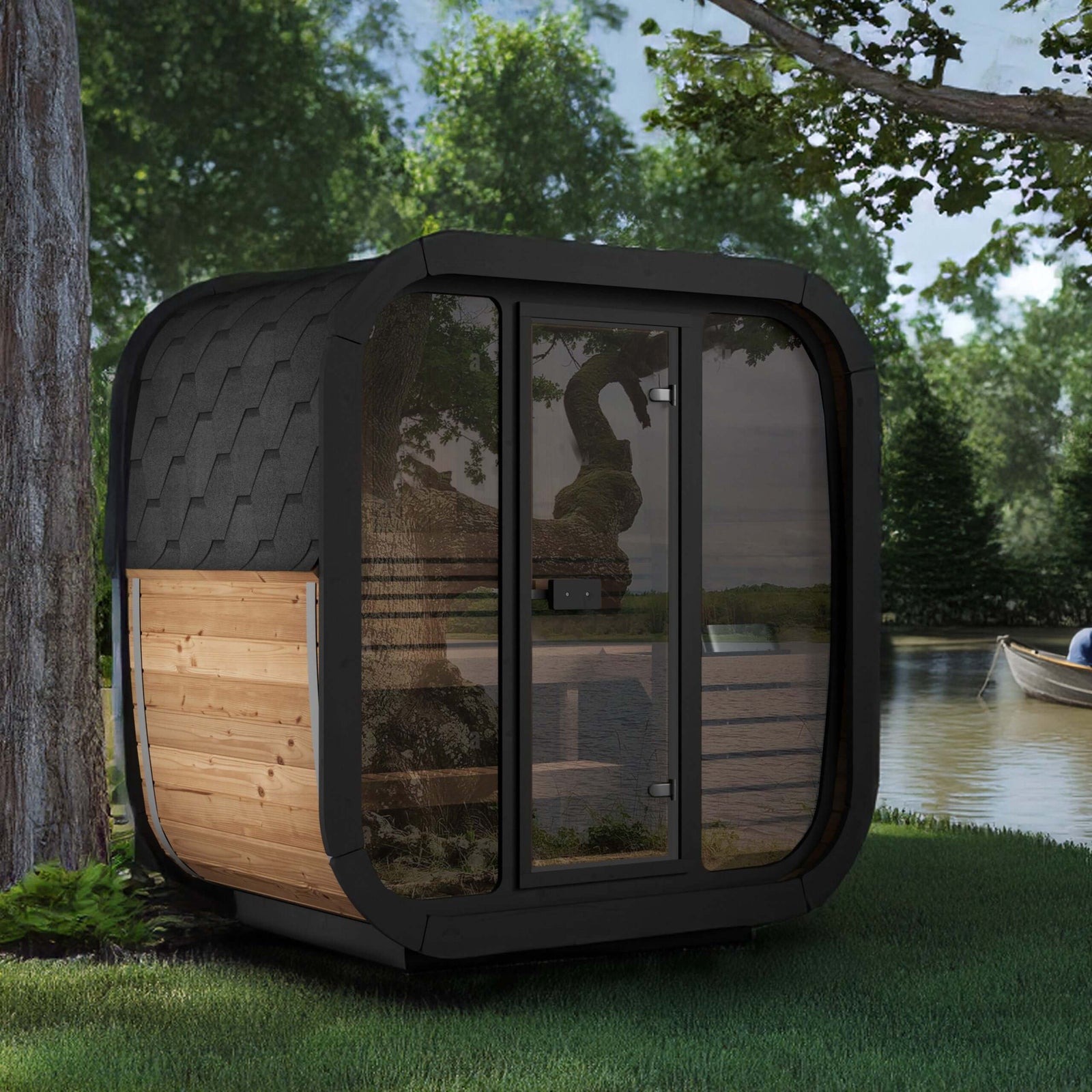 Outdoor Sauna Kit - SaunaLife CL4G 3-Person Cube-Series Sauna by a Lake in Nature