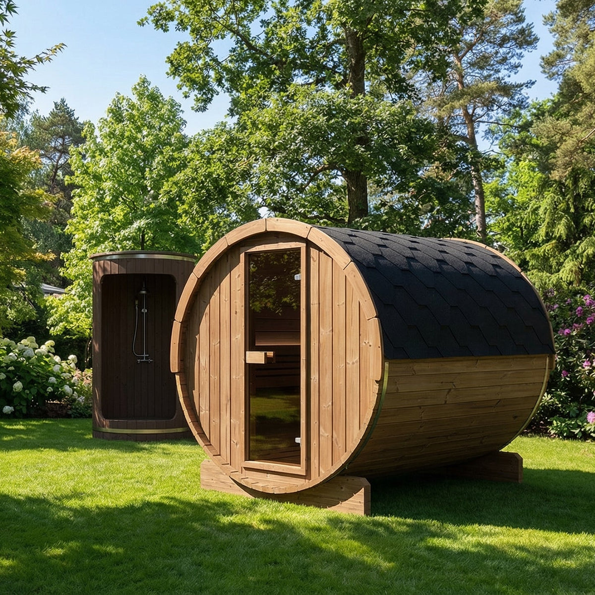 SaunaLife E8 six-person thermo-spruce outdoor barrel sauna wooden with a dark curved roof sits on a green lawn in a landscaped garden with trees and flowering shrubs. A smaller matching wooden SaunaLife R3 outdoor shower is visible behind it.