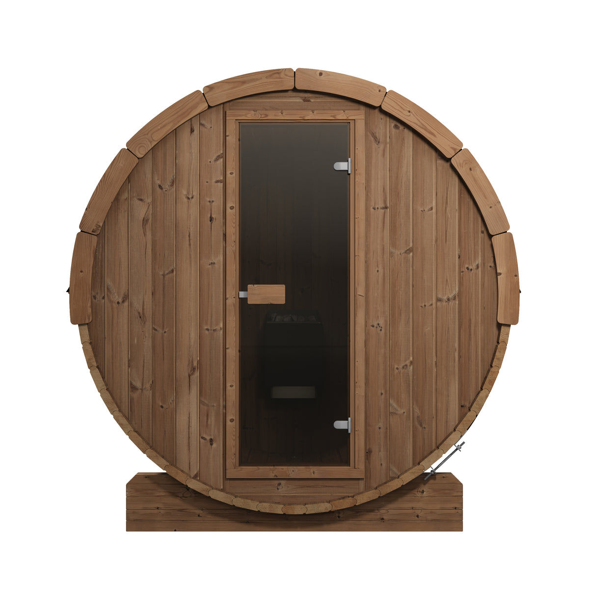 SaunaLife E8 round wooden sauna cabin with a glass door and a wooden support base, shown on a plain white background.