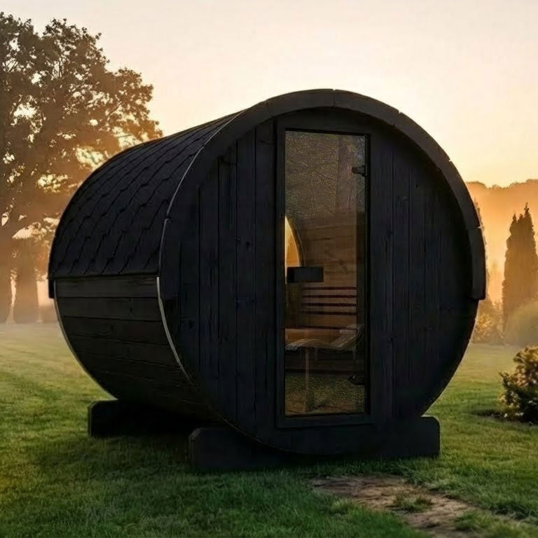SaunaLife E8B dark wooden barrel-shaped sauna cabin with a glass front door, situated on a grassy lawn in a misty outdoor landscape at sunrise.