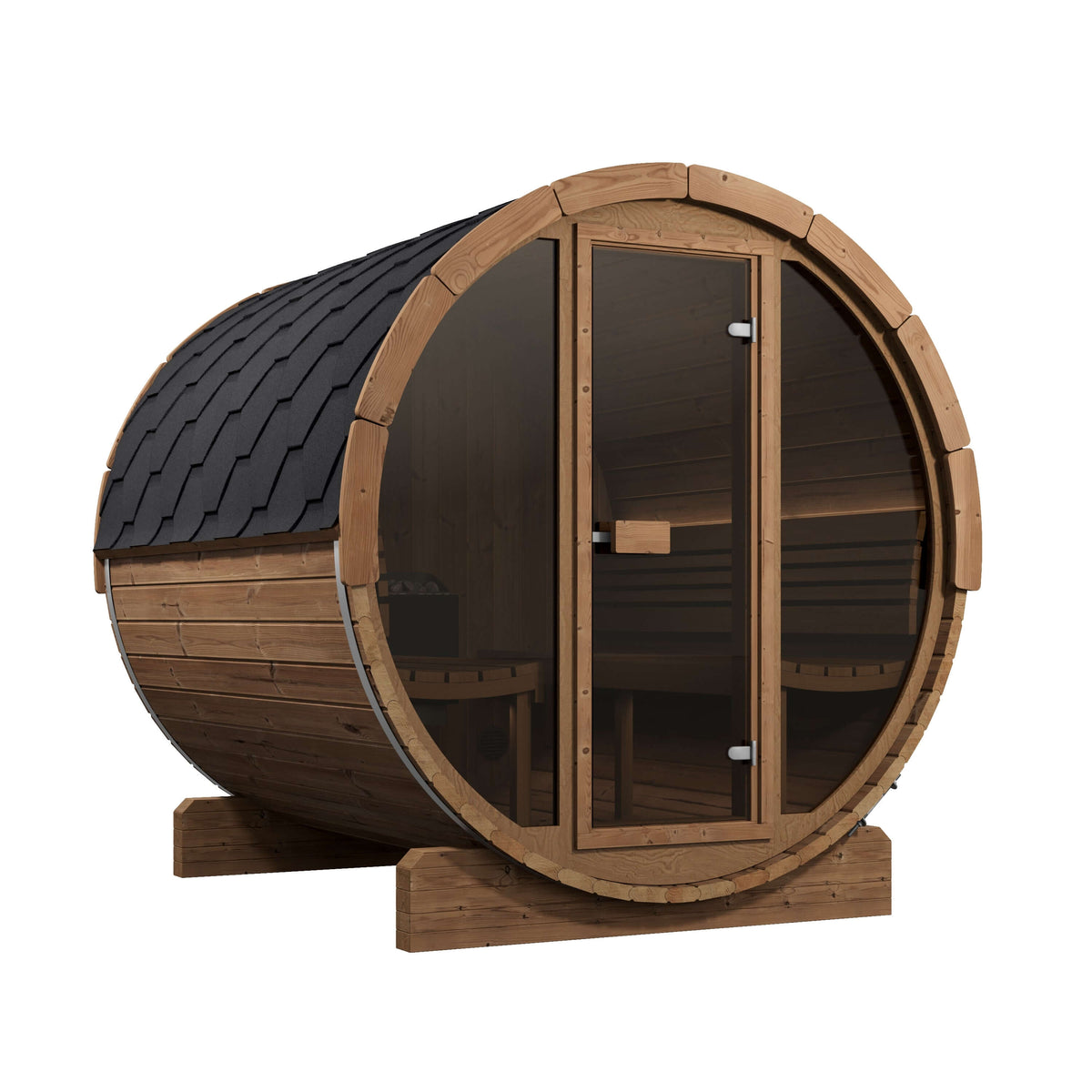  SaunaLife E8G six-person Thermo-Spruce barrel sauna with full glass front including a glass door in the center, with a dark shingled dome roof, visible wooden interior benches, and support cradles on a plain white background.