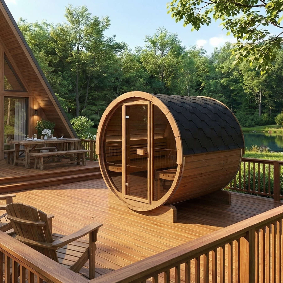 SaunaLife E8G round wooden sauna cabin with a dark shingled roof sits on a wooden deck beside a lake, with trees and a cabin in the background.
