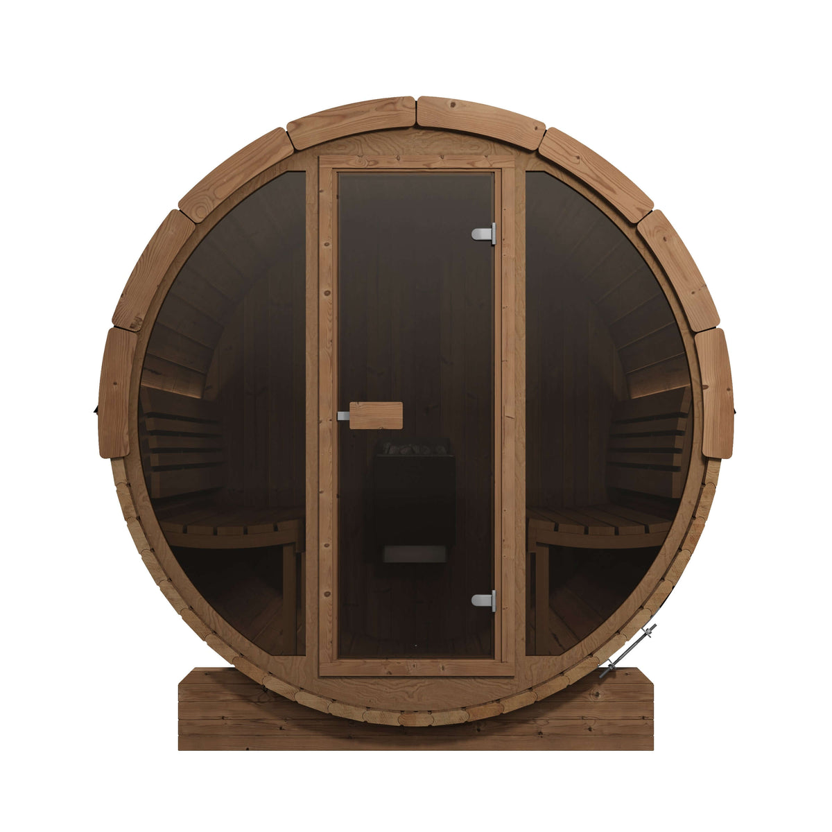 SaunaLigfe E8G round wooden sauna front view, with a full glass front including a glass door, and built-in wooden seating, shown on a plain white background.