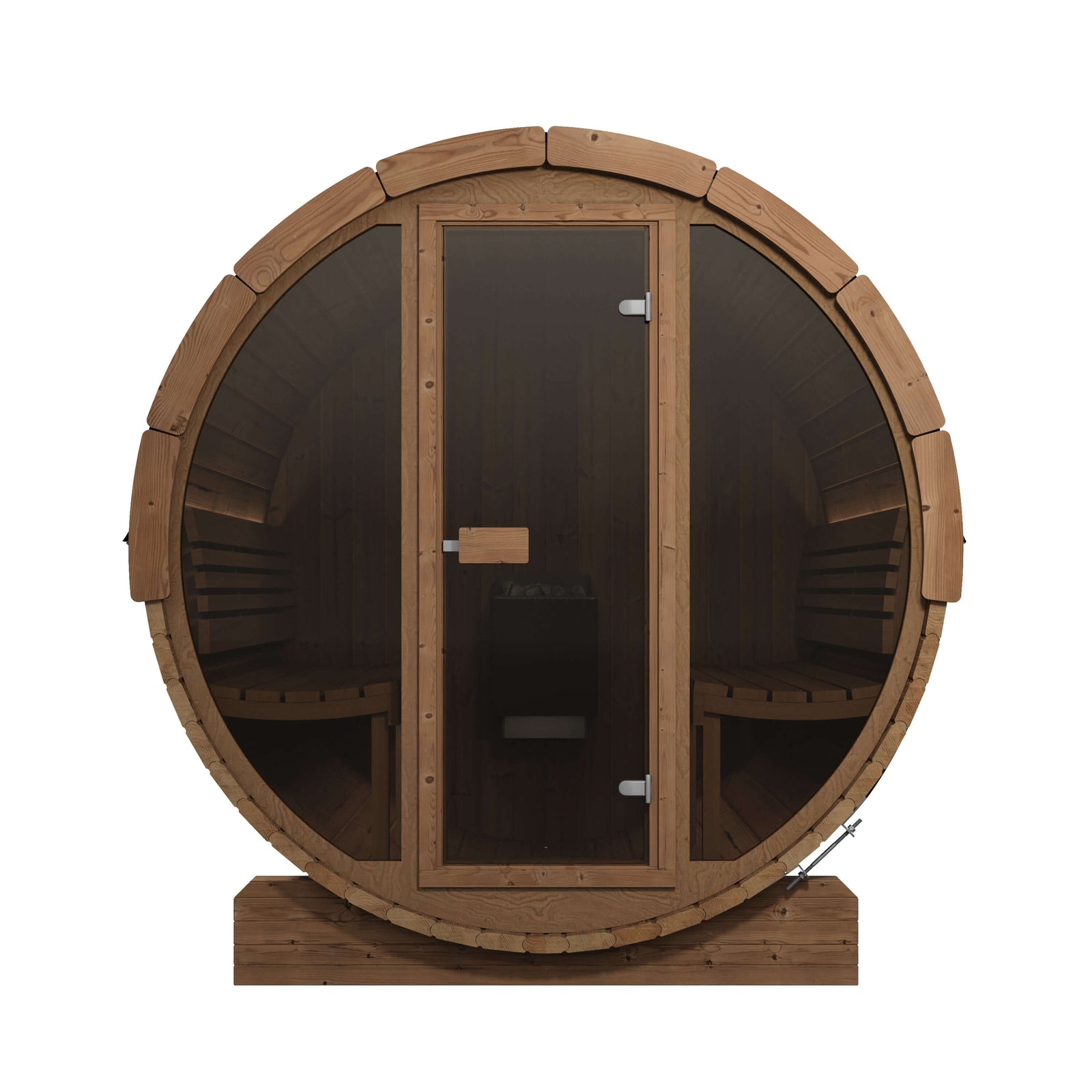 SaunaLigfe E8G round wooden sauna front view, with a full glass front including a glass door, and built-in wooden seating, shown on a plain white background.