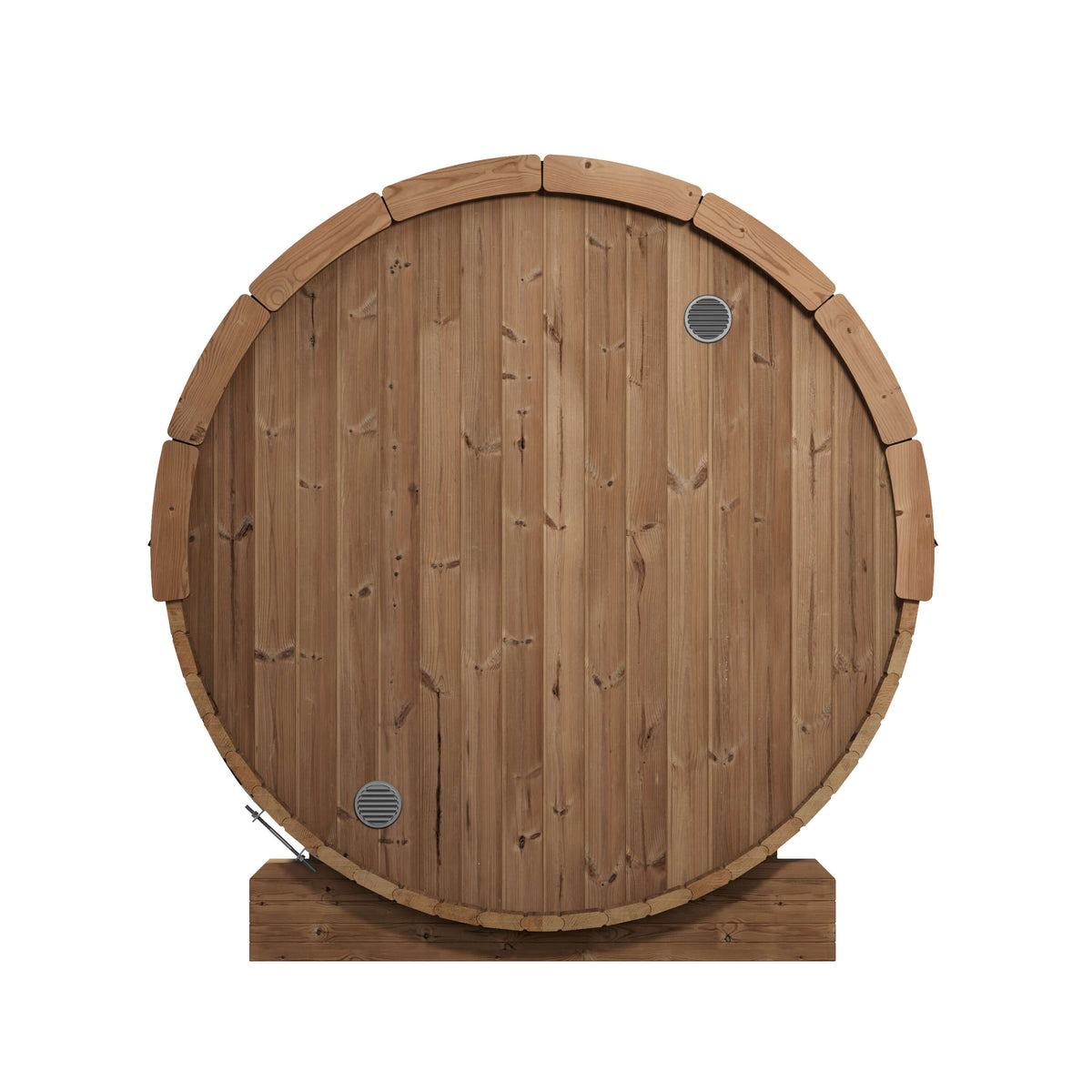 SaunaLife E8G round wooden sauna barrel, back view, with a natural brown wood grain finish, shown on a clean white background. The sauna is mounted on a rectangular wooden base, with two small circular metal drain holes visible.