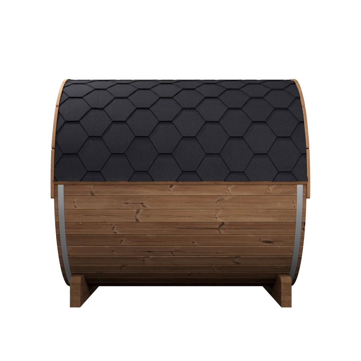 SaunaLife E8G barrel-shaped sauna with a dark gray hexagonal-patterned roof and brown wooden sides, shown on a plain white background.