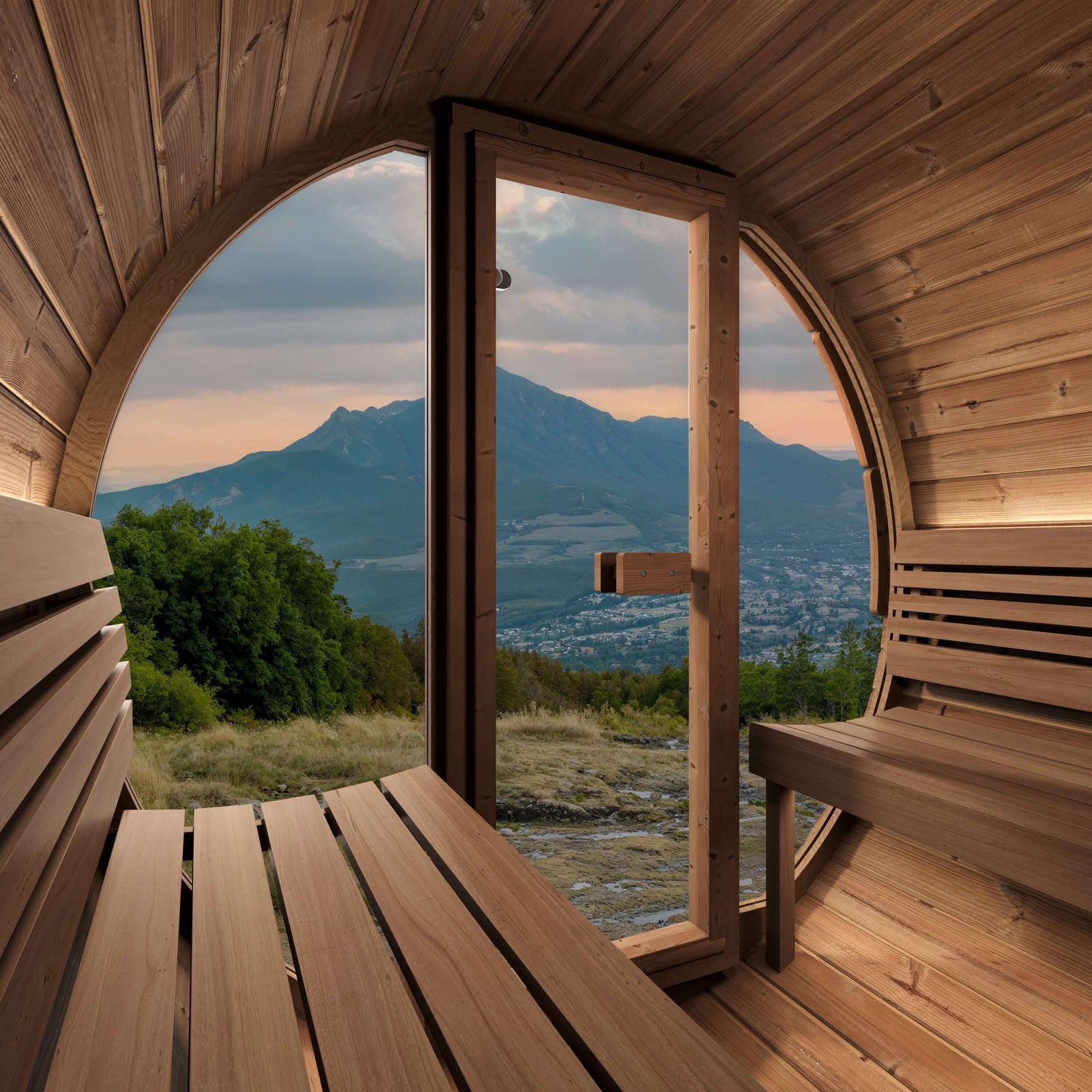 Inside of SaunaLife E8G outdoor barrel sauna, with full-height bronzed glass front wall and glass door opening to a mountain landscape at sunset and the wooden sauna interior with slatted benches