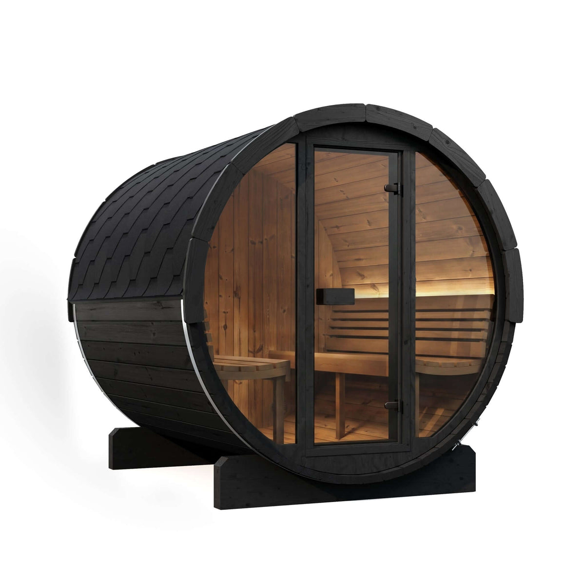 The modern wooden SaunaLife E8GB sauna cabin with a black exterior, glass door and glass front wall, with visible warm wood interior, shown on a plain white background.