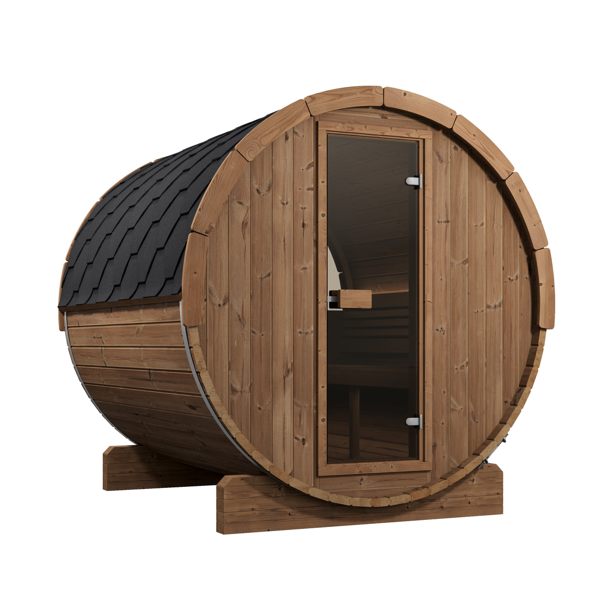  SaunaLife E8W six-person Thermo-Spruce barrel sauna, with a dark shingled roof, glass door, and visible interior benches, shown on a plain white background.