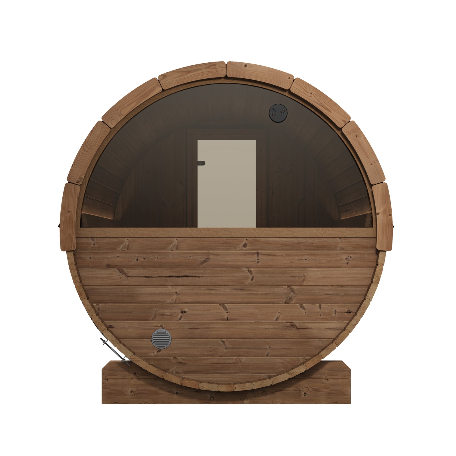 SaunaLife E8W wooden sauna cabin with a semi-circular glass window and a door at the other end, shown on a plain white background.