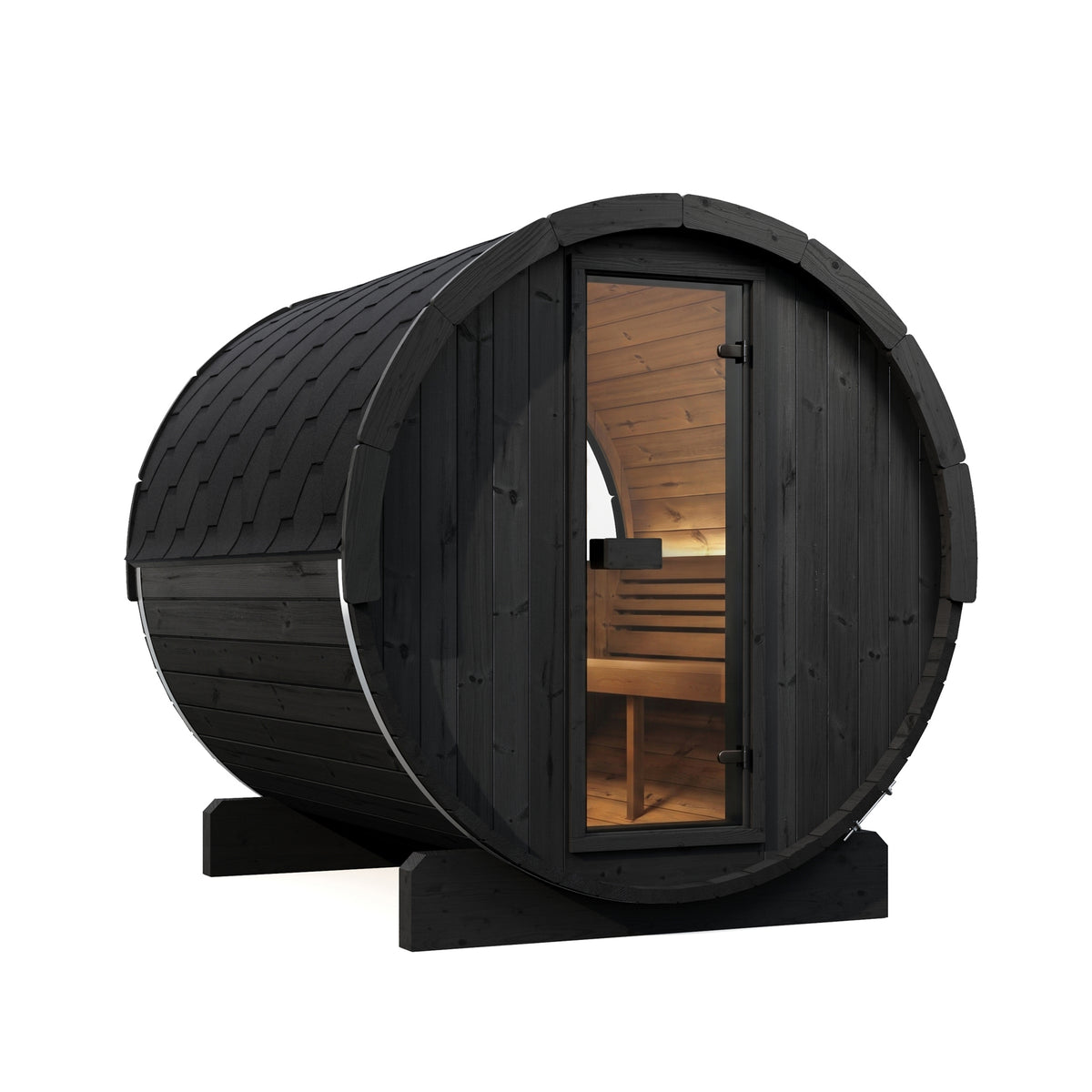 SaunaLife E8WB modern wooden sauna cabin with a dark charcoal-black exterior and a warm wood interior, shown on a plain white background.