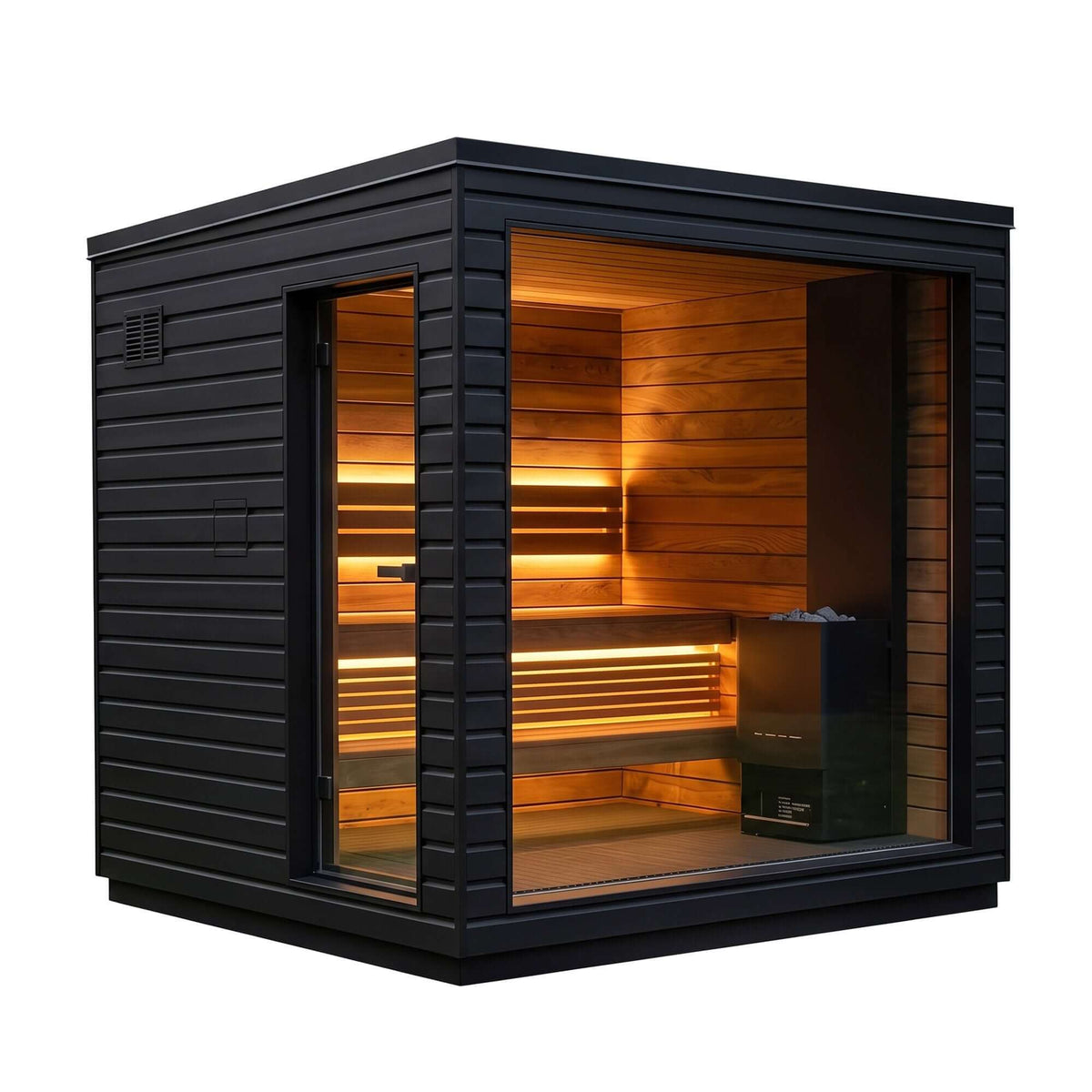 The G6 SaunaLife sauna, a modern outdoor sauna cabin with a black corrugated metal exterior, warm wood-paneled interior, built-in bench, and visible heating unit, shown on a plain white background.