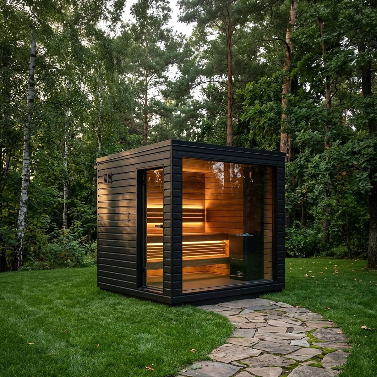 The SaunaLife G6, a modern outdoor sauna cabin with a black wood exterior and warm wood interior, situated on a grassy lawn with a stone path and a dense forest background.