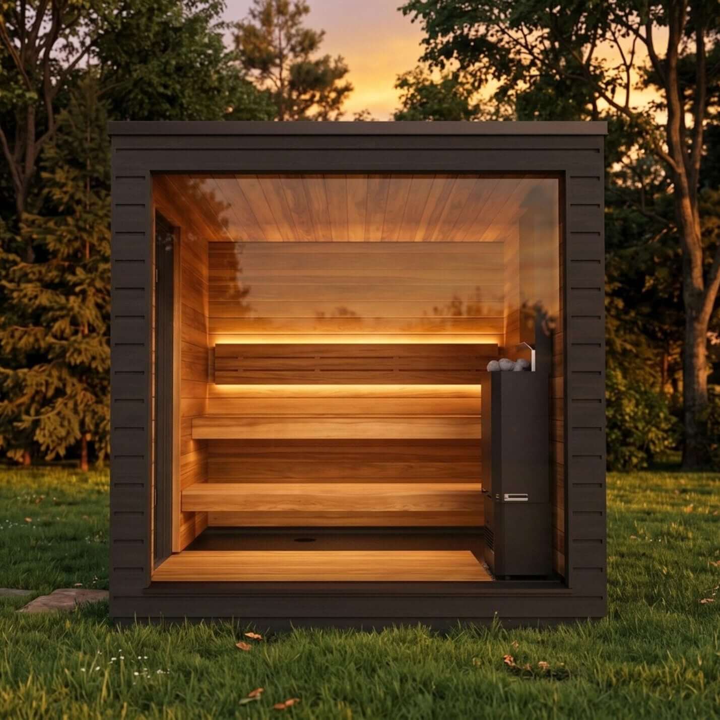 The G6 SaunaLife sauna, a modern outdoor sauna cabin with a black corrugated metal exterior, warm wood-paneled interior, built-in bench, and visible heating unit, shown on a plain white background.