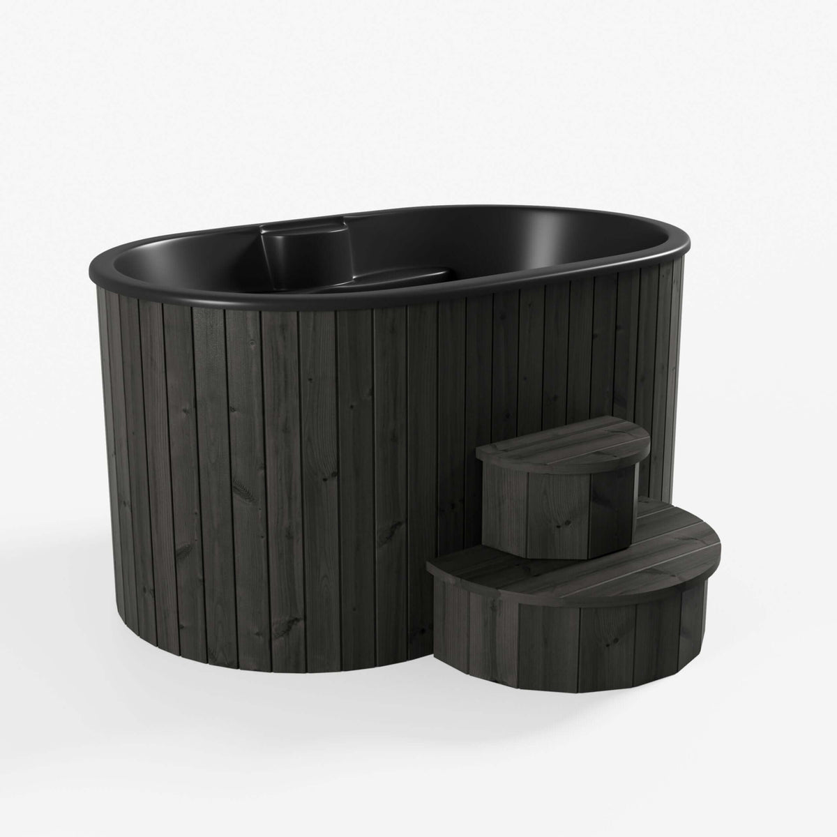 A black SaunaLife S2B Cold/Hot plunge tub made of thermo-pine wood with matching black stairs, designed for two persons.