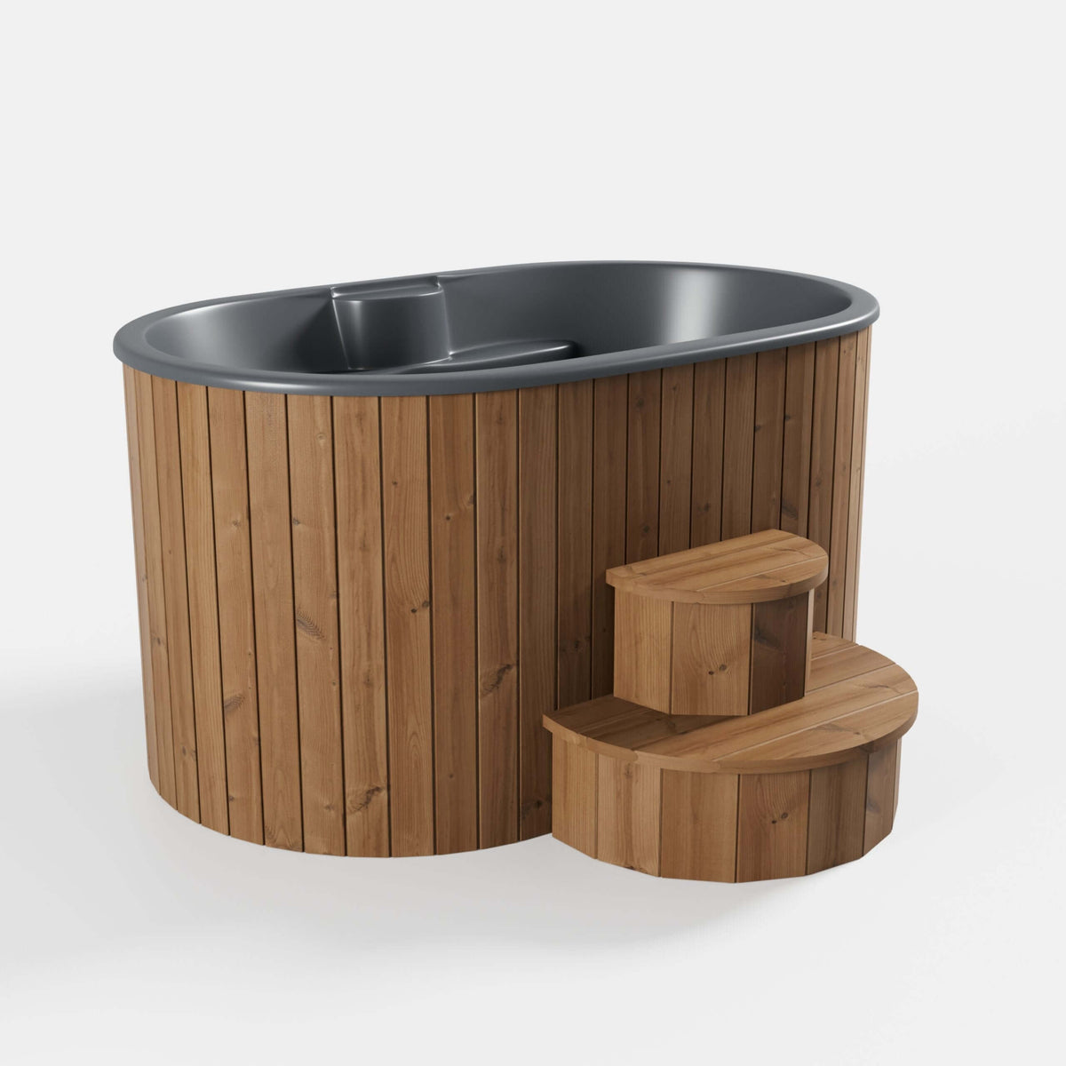 SaunaLife 2-person s2n cold/hot plunge tub made of thermo-pine wood with ergonomic fiberglass interior, featuring a natural wood exterior and matching access stairs.