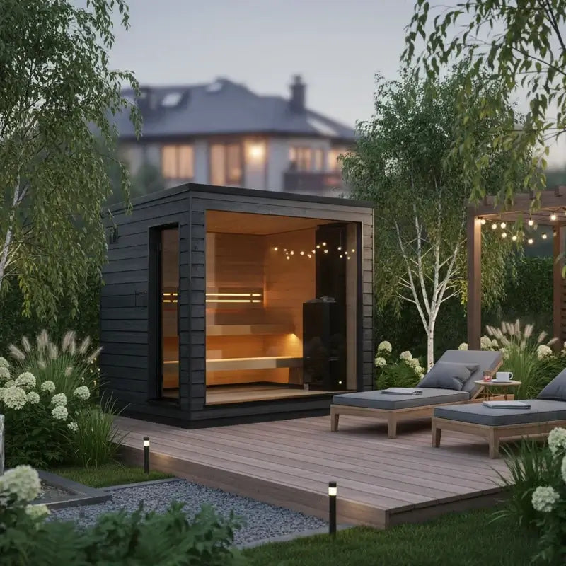 Modern G6 sauna by SaunaLife, with outdoor furniture in a lush garden setting
