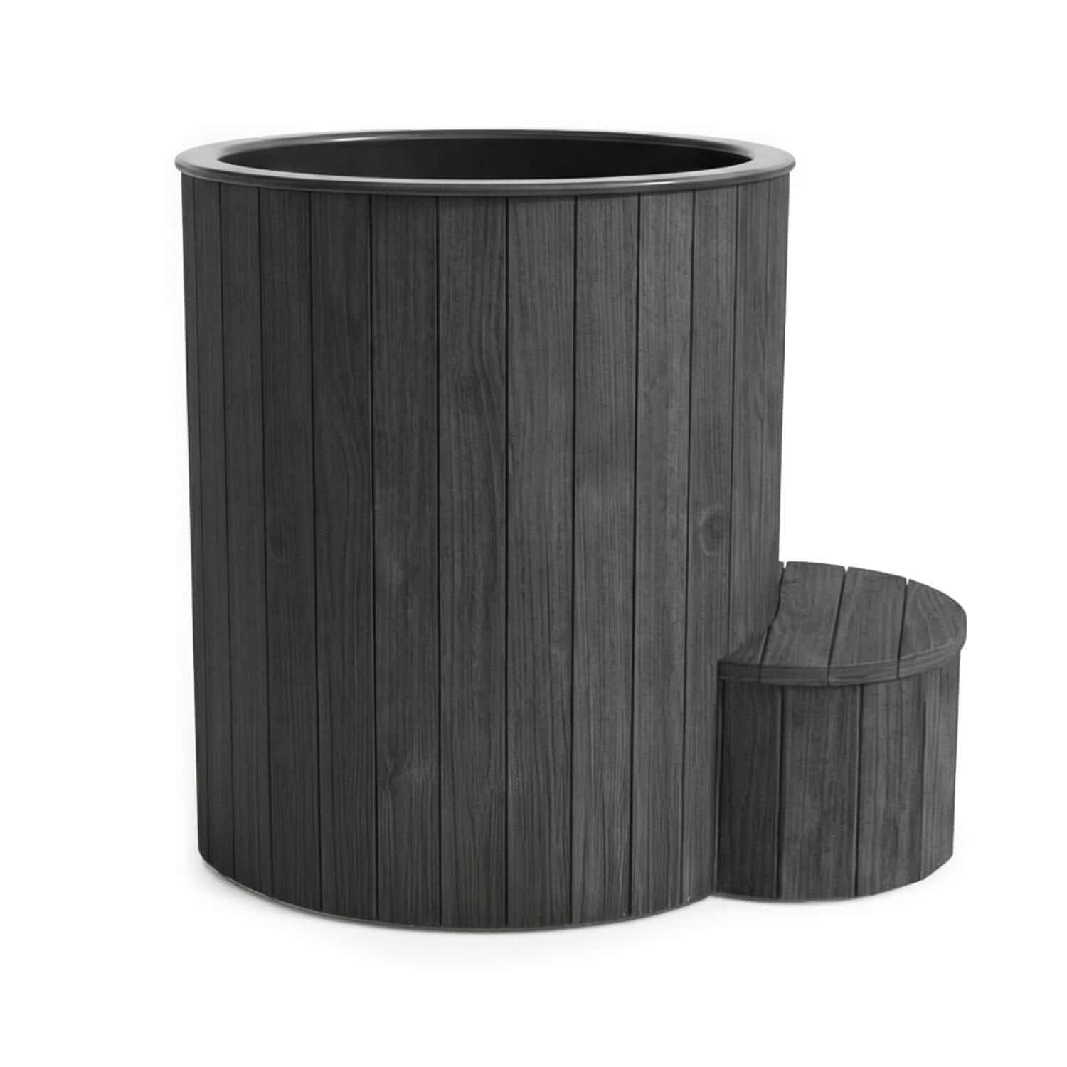 Dark gray cylindrical warm and cold S1B immersion tub by SaunaLife, on a white background