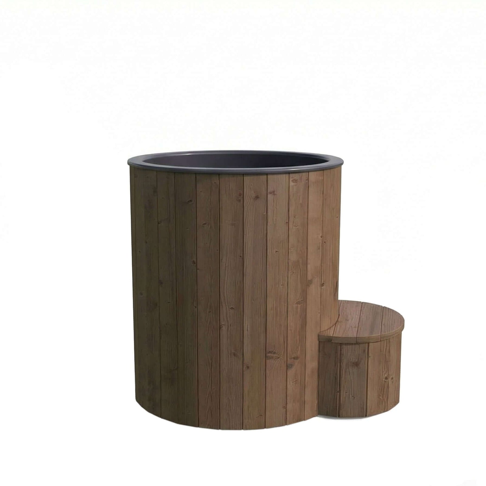 Outdoor wooden SaunaLife S1N hot and cold tub with dark gray interior on a white background