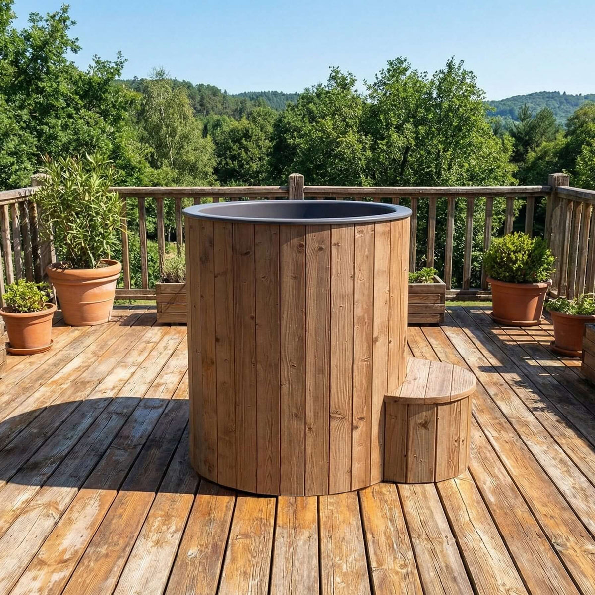 Wooden SaunaLife S1N hot tub on a wooden deck with potted plants and a scenic background