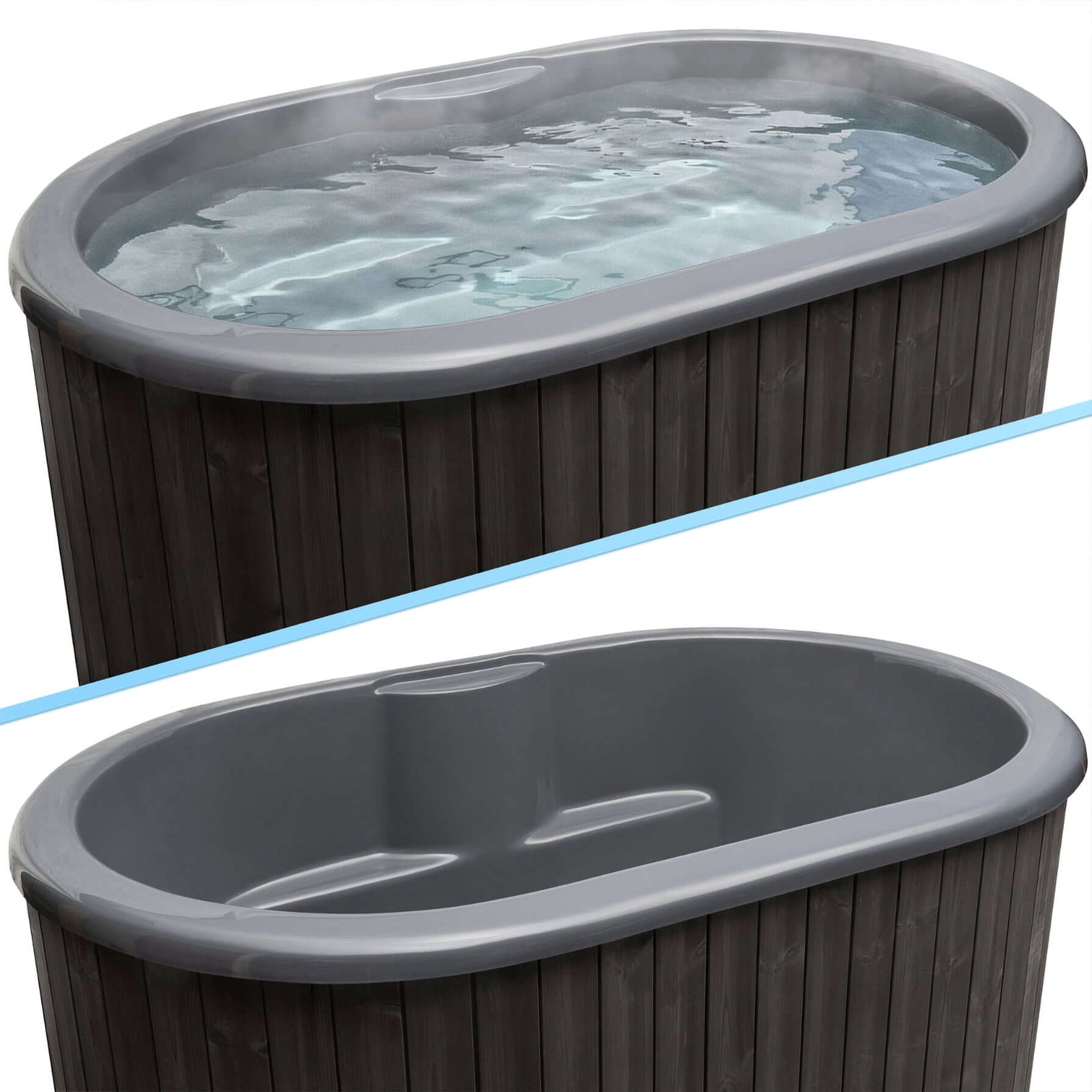 Two views of the SaunaLife S2B immersion tub, one showing the top view with steam and water, while the other ones shows the top view with an empty tub.