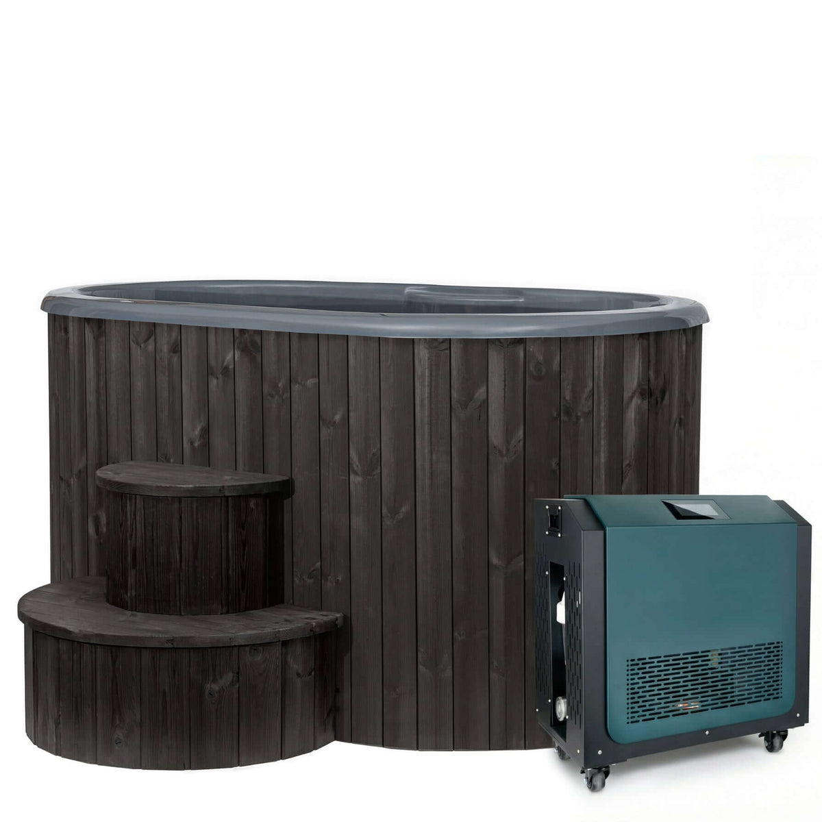 SaunaLife S2B wooden immersion tub with SaunaLife AP1 black and green chiller unit, with steps on a white background