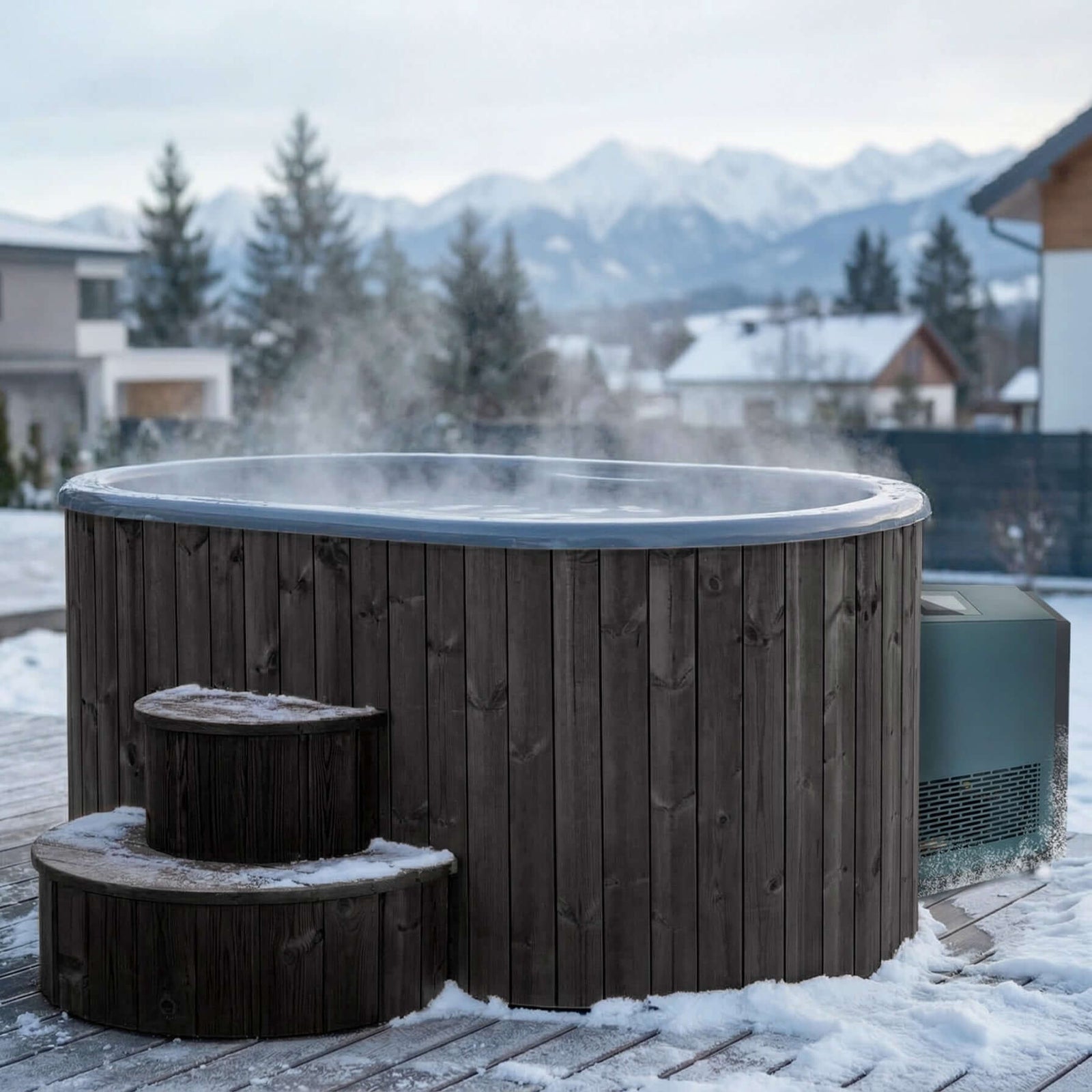 SaunaLife S2B wooden immersion tub with SaunaLife AP1 black and green chiller unit, with steps on a white background