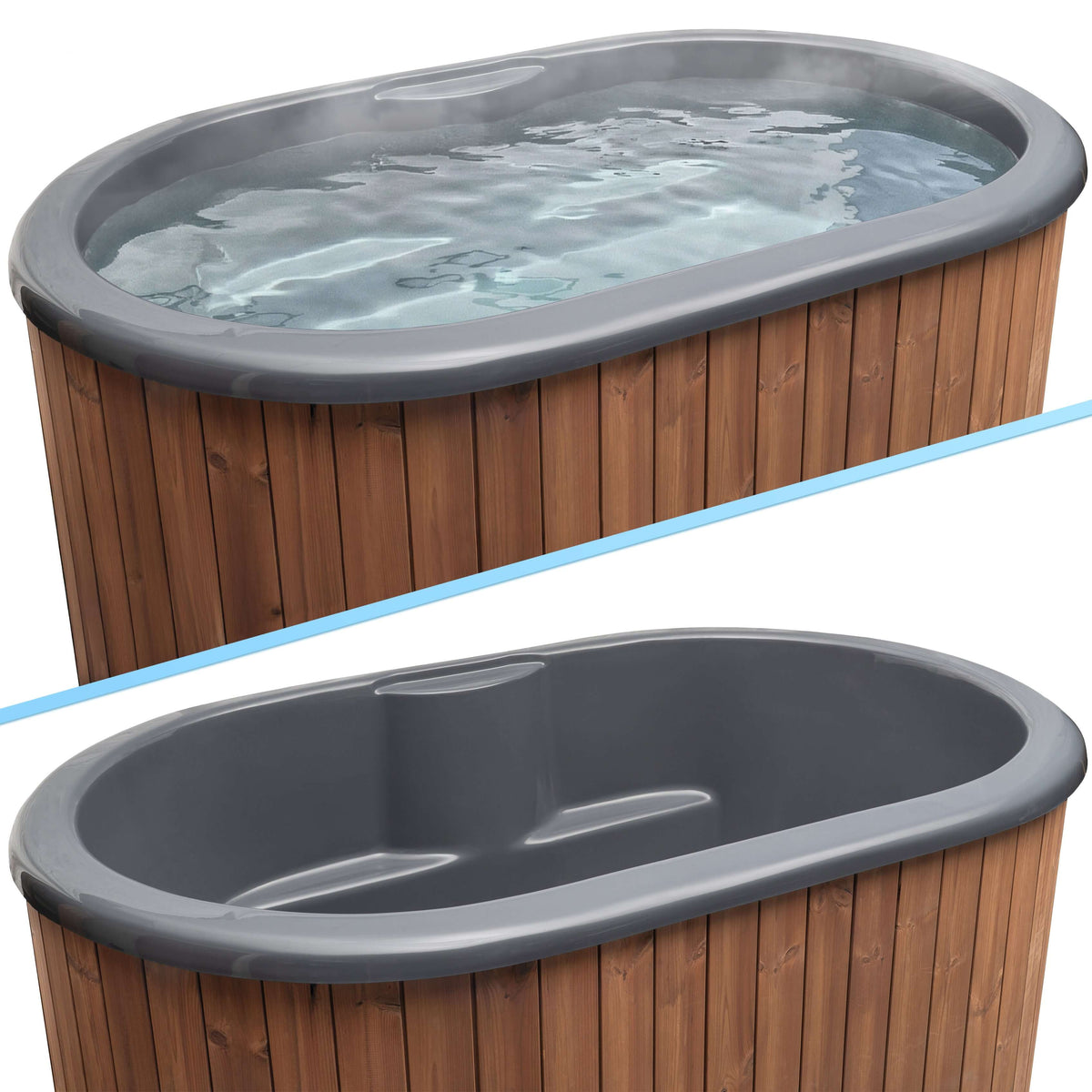 Two views of the SaunaLife S2N immersion tub, one showing the top view with steam and water, while the other ones shows the top view with an empty tub.