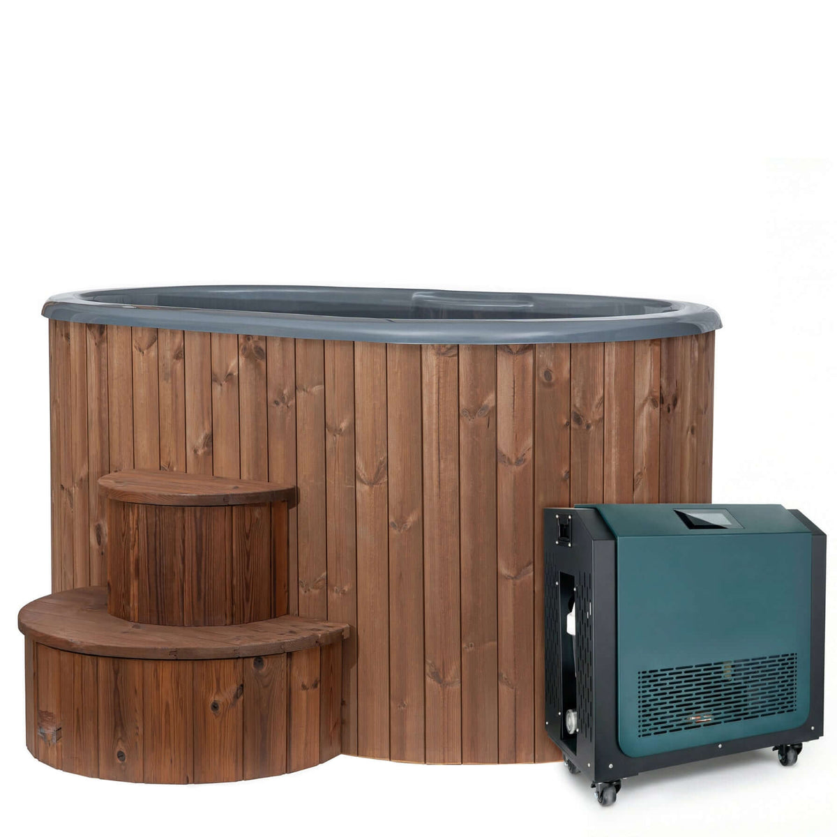 SaunaLife S2N wooden hot tub with steps and the SaunaLife AP1 black and green heating and cooling unit, on a white background