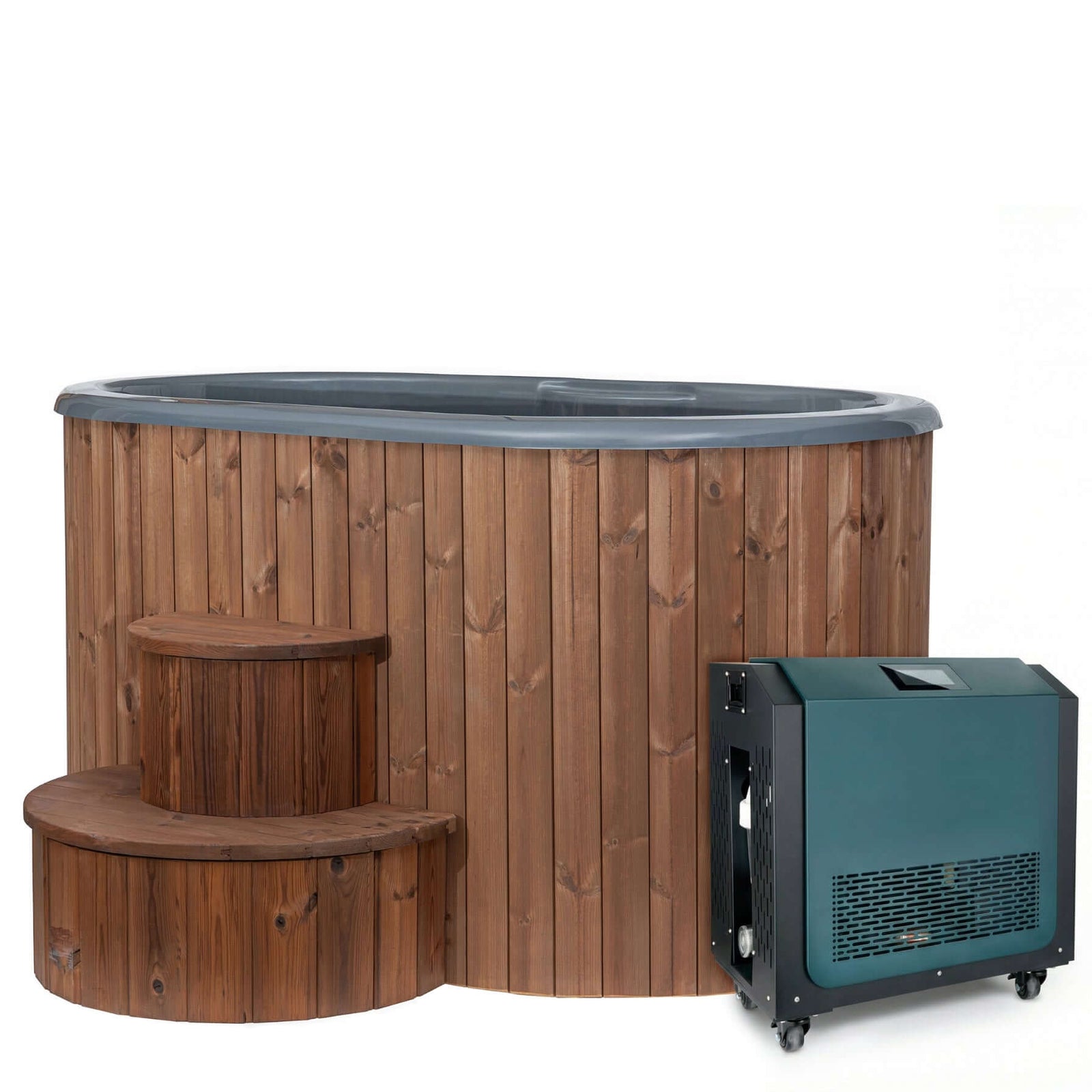 SaunaLife S2N wooden hot tub with steps and the SaunaLife AP1 black and green heating and cooling unit, on a white background