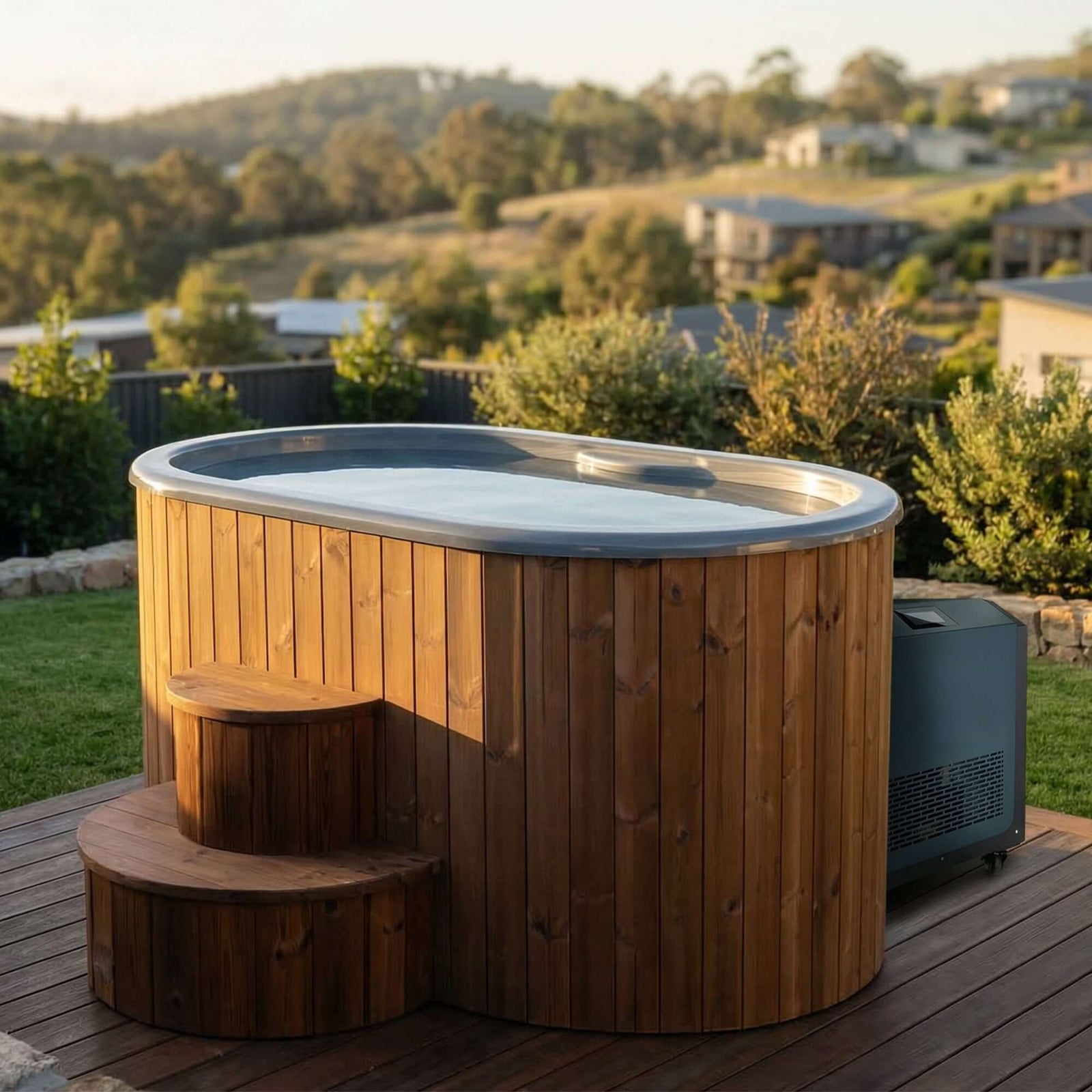 Wooden SaunaLife S2N hot and cold tub on a deck with a scenic view of trees and houses at sunset.