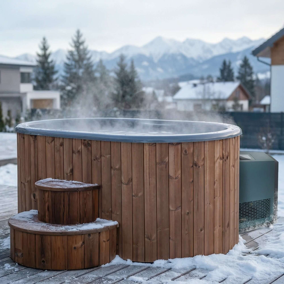 Wooden Saunalife S2N immersion tub and the SaunaLife AP-1 water heater/chiller, with steam rising from the tub in a snowy outdoor setting with houses and mountains in the background.